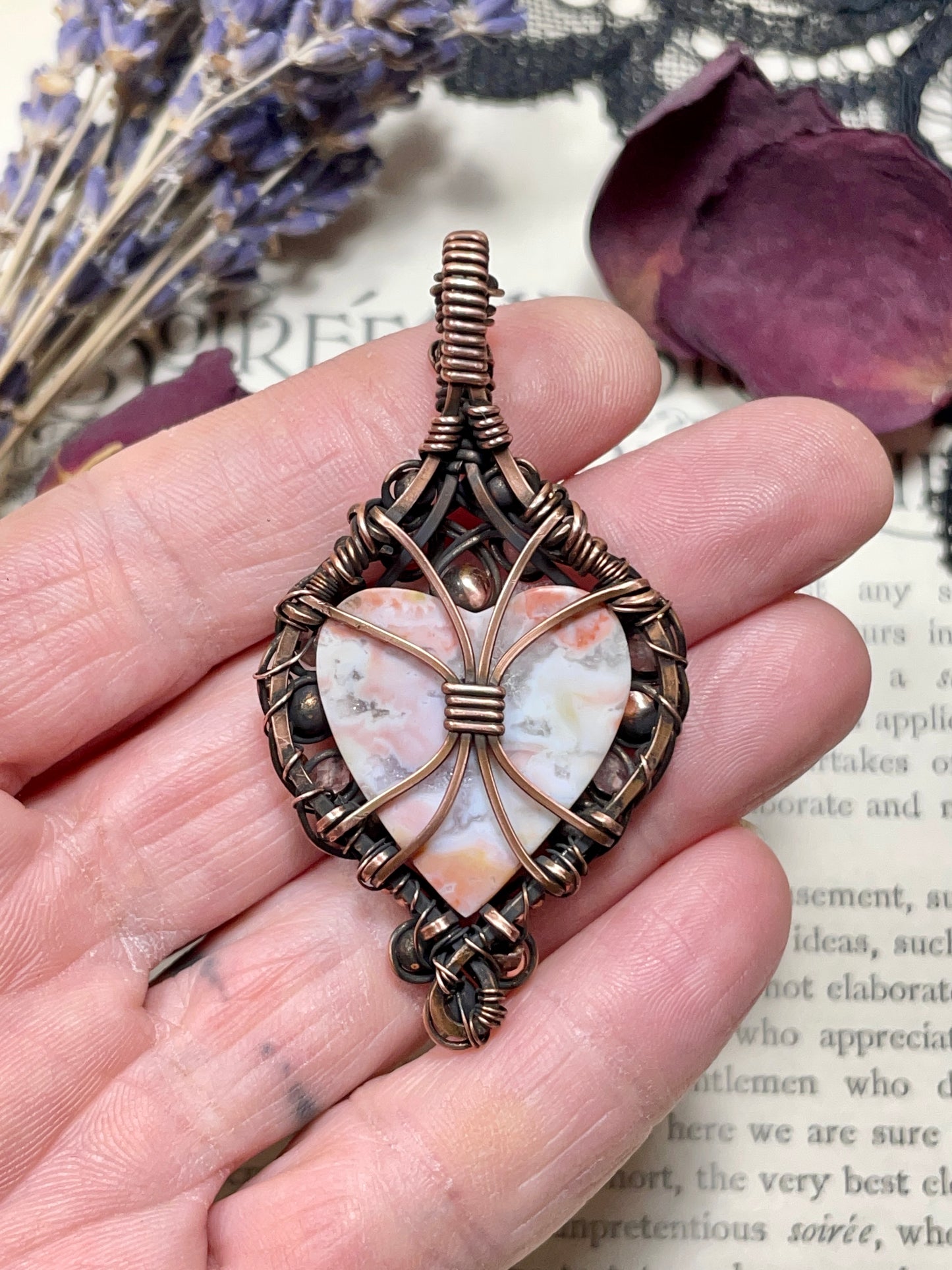 Agate (Pink Agate) Heart Pendant in Copper
