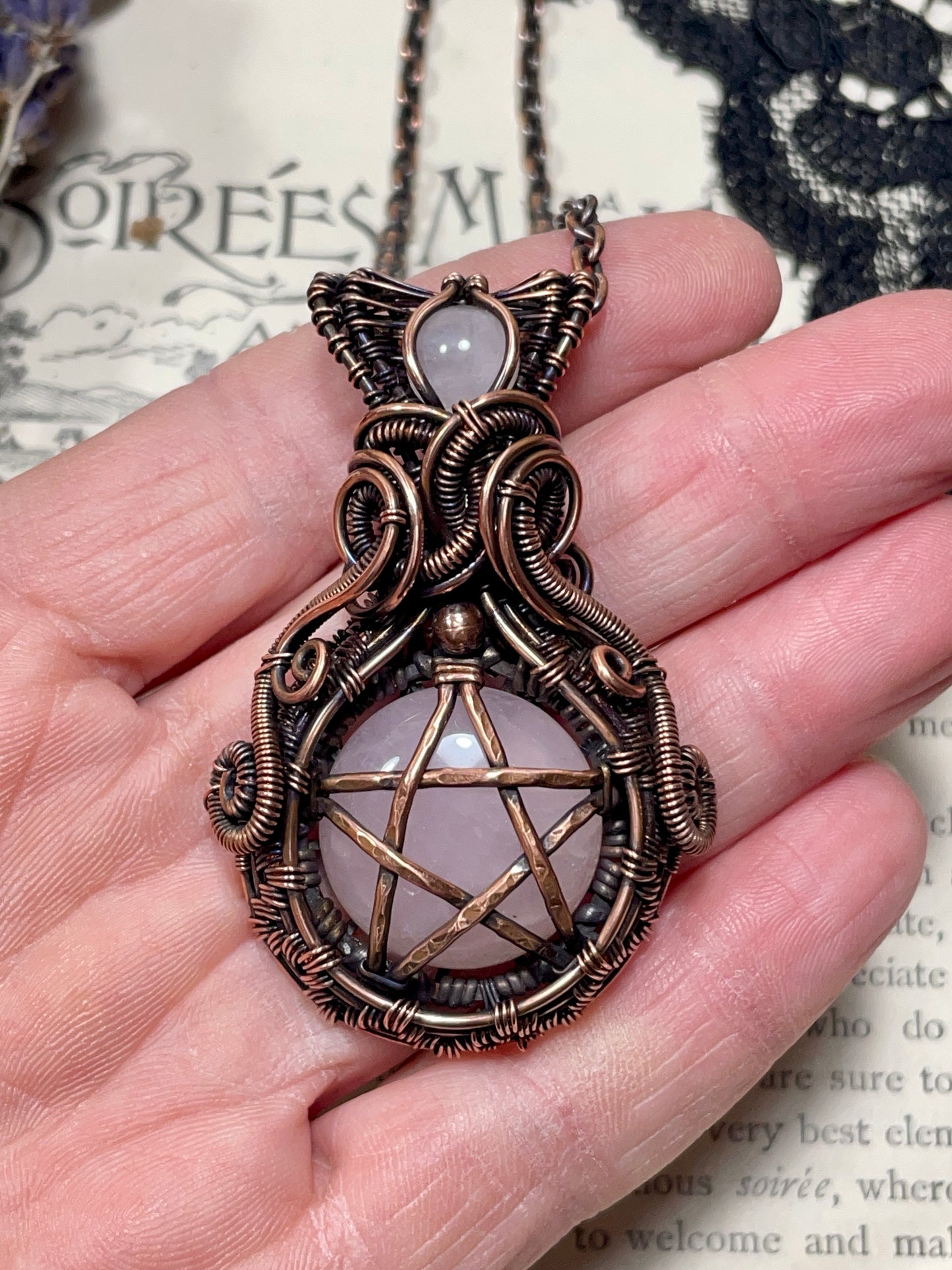 Rose Quartz Pentacle Pendant in Copper
