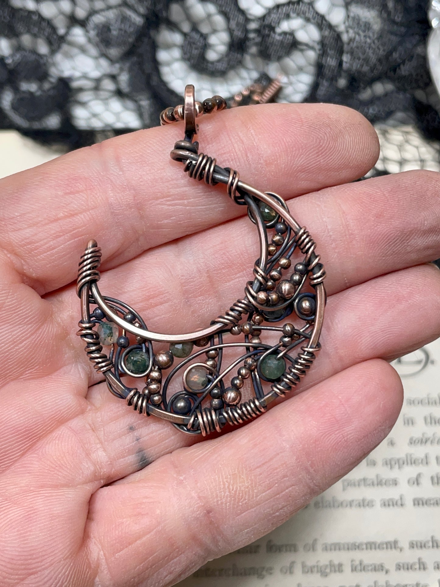 Moss Agate Crescent Moon Pendant in Copper