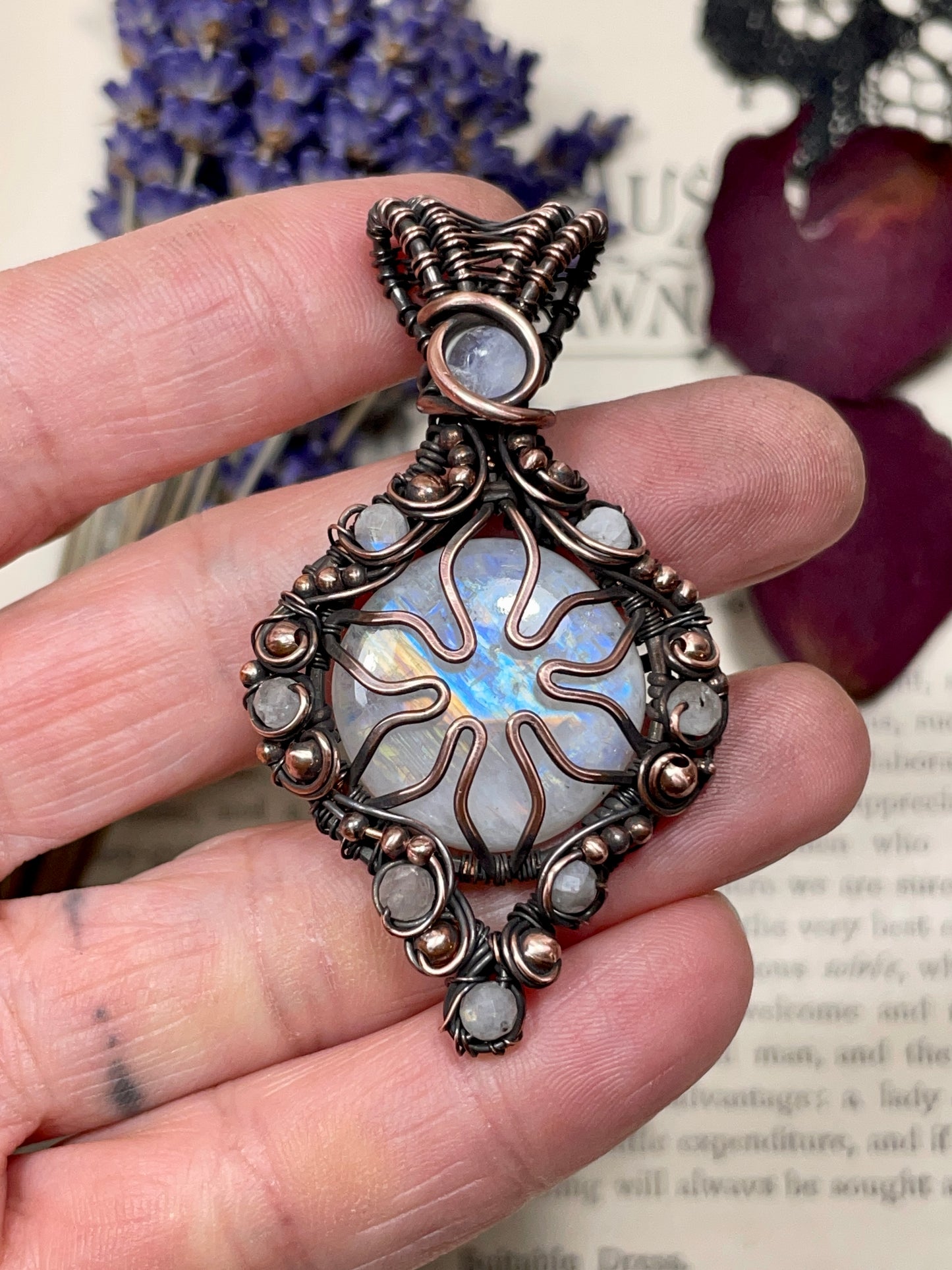 Rainbow Moonstone Flower Pendant in Copper