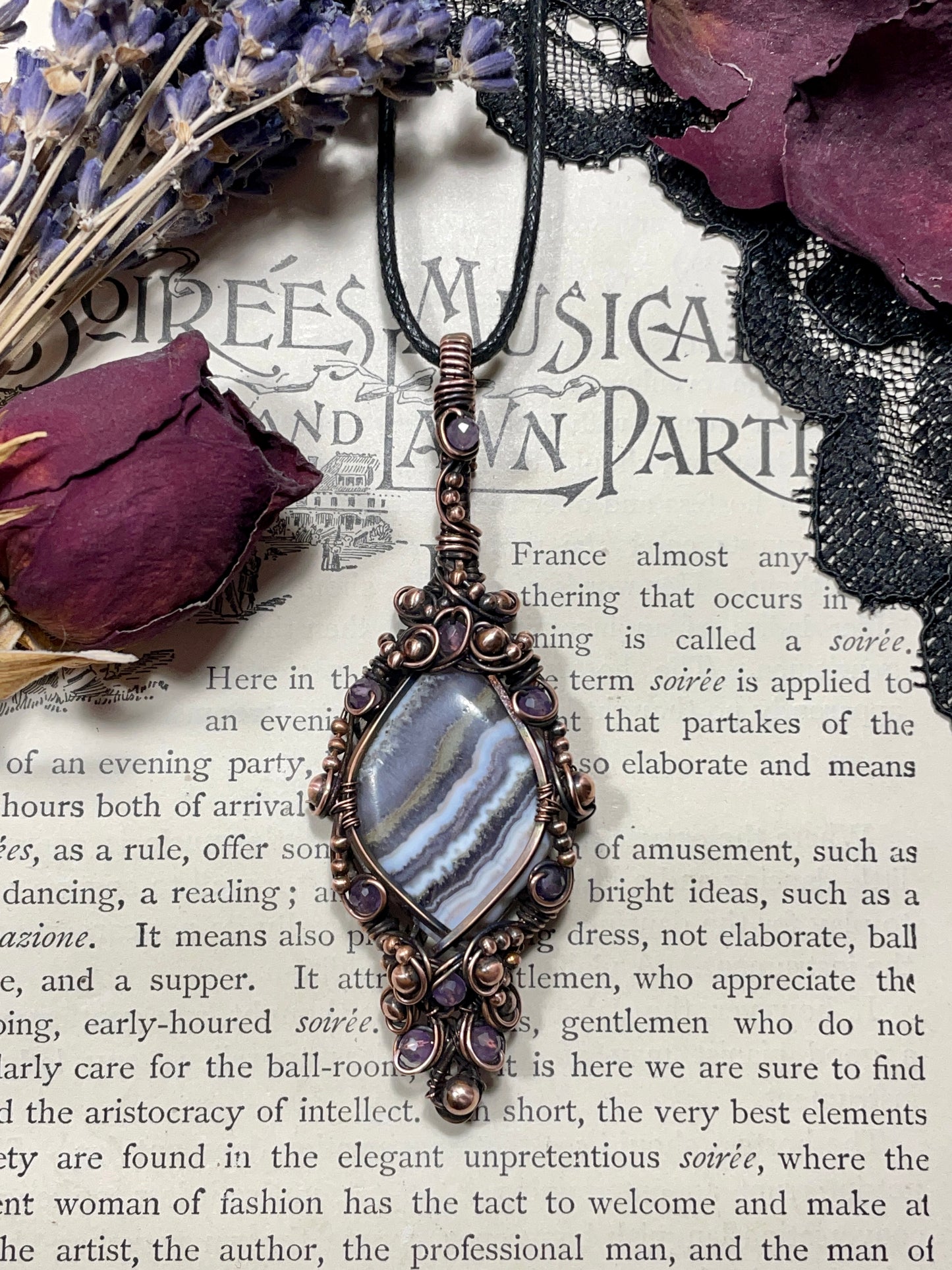 Amethyst Lace Agate Pendant in Copper