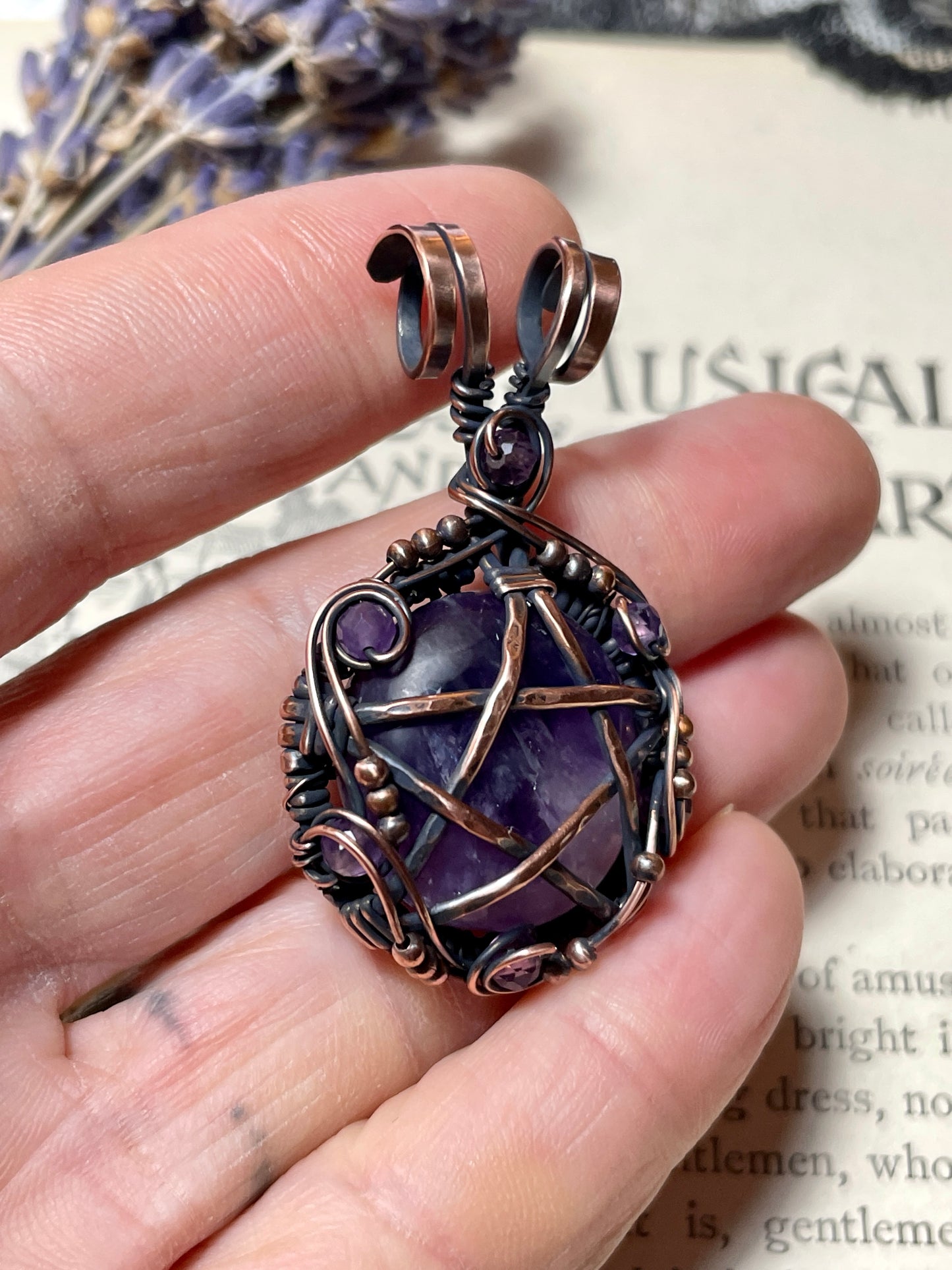 Amethyst Pentacle Pendant in Antiqued Copper