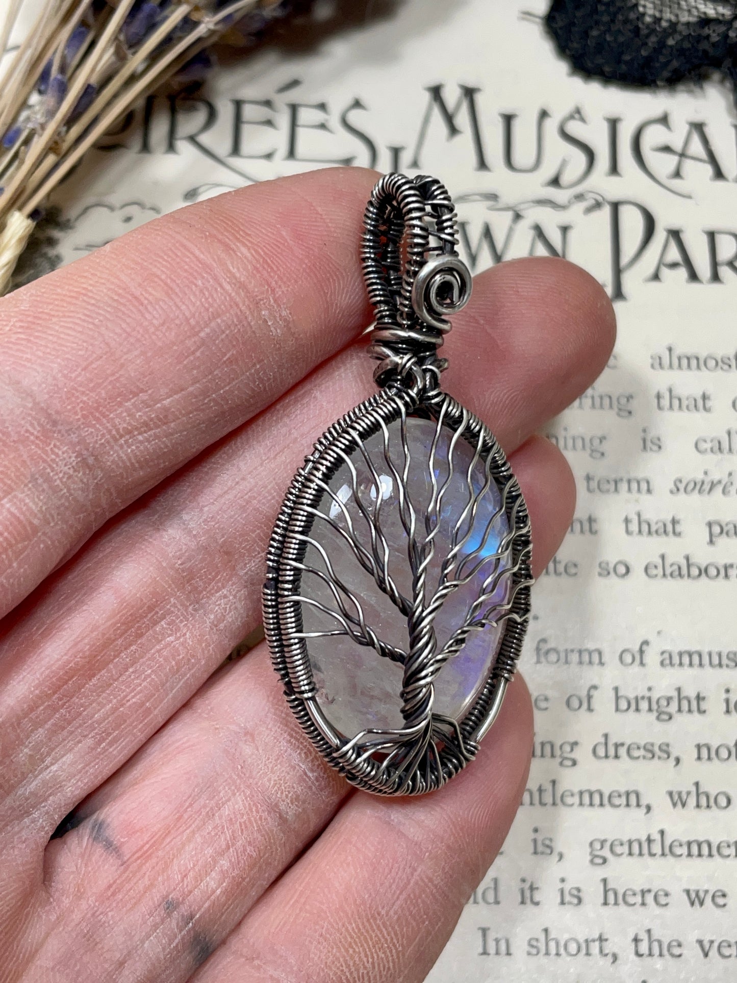 Moonstone (Rainbow Moonstone) Tree of Life Pendant in Sterling Silver