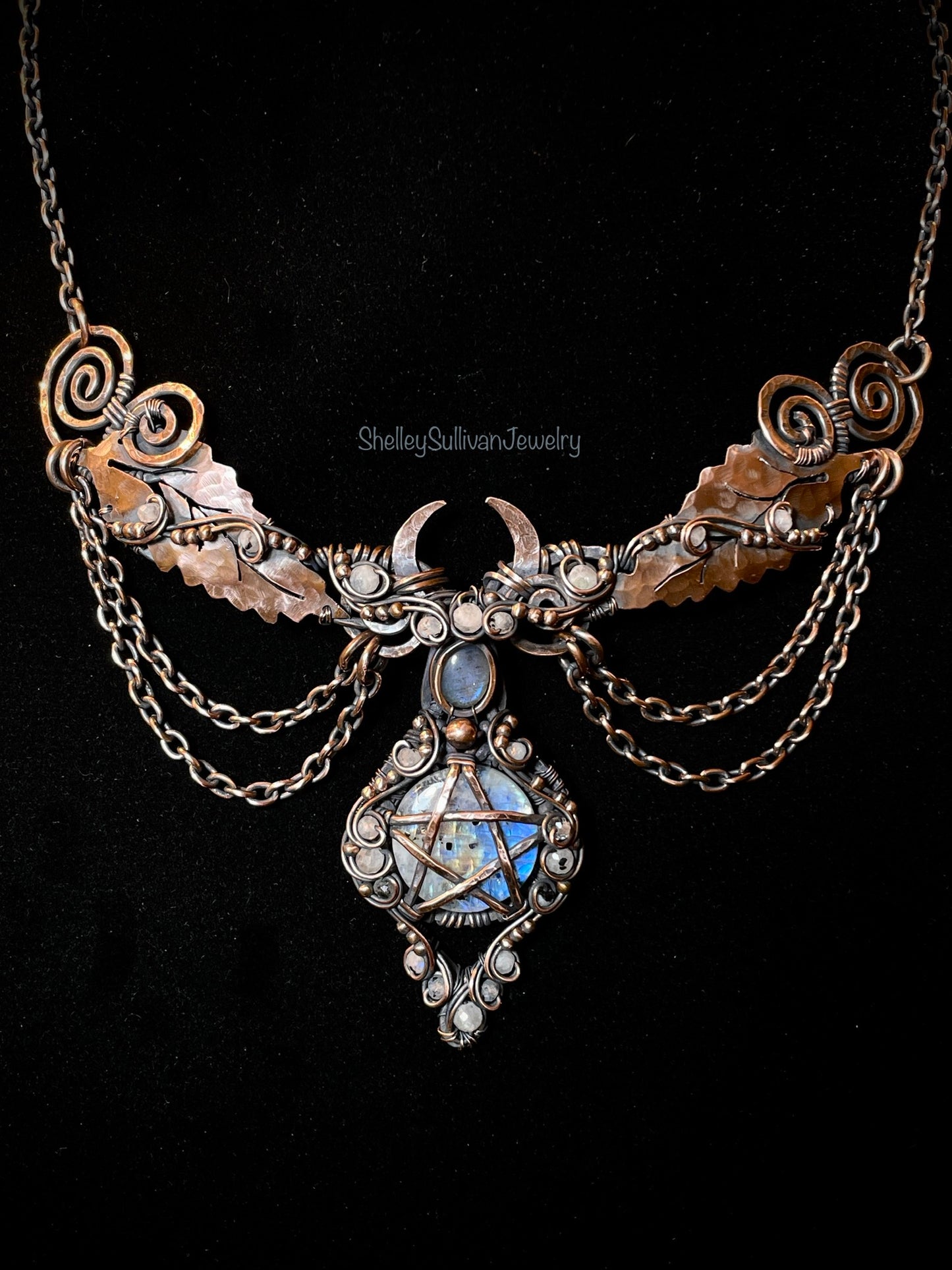 Moonstone (Rainbow Moonstone) Pentacle Collar in Copper