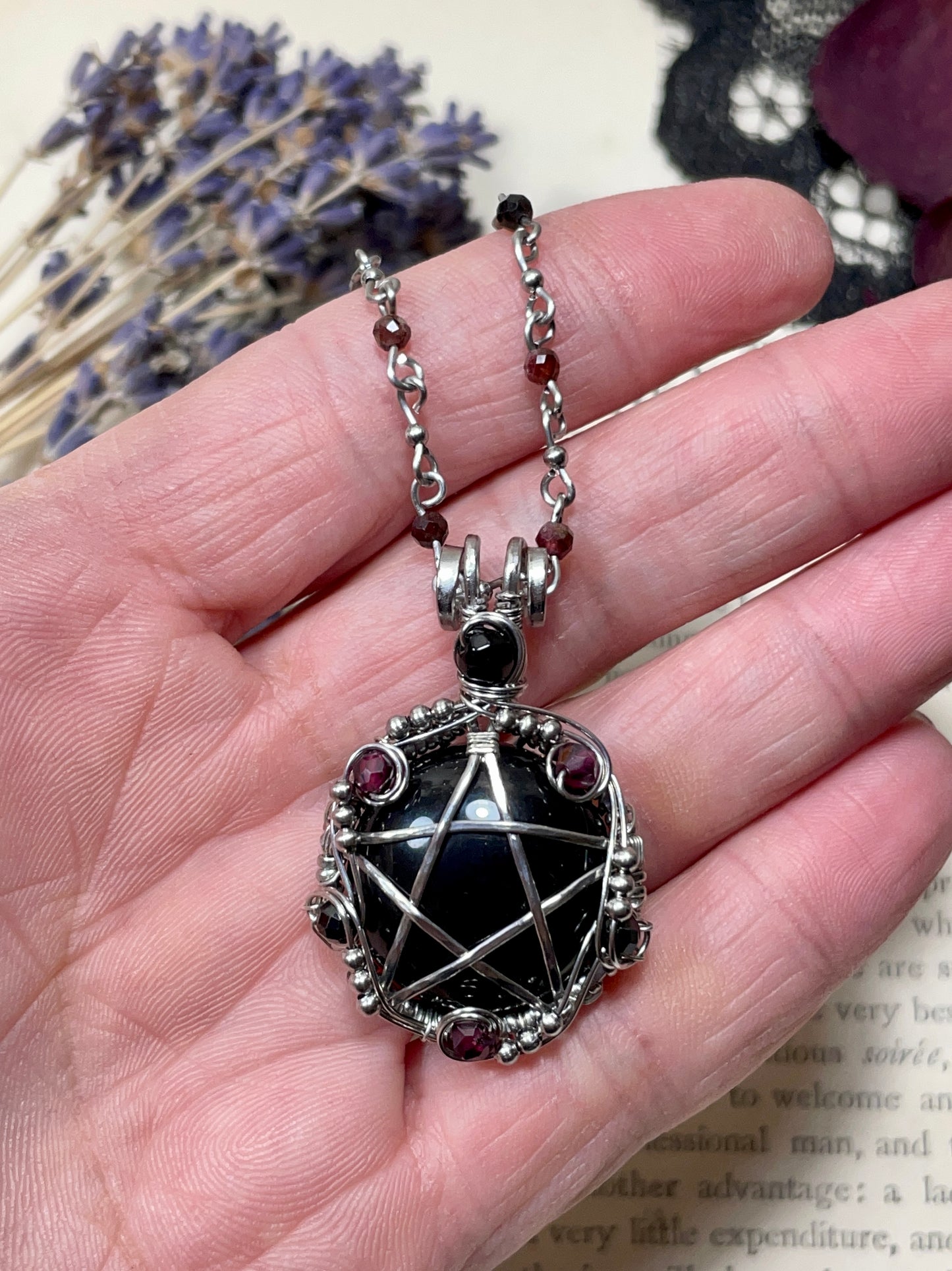Onyx and Garnet Pentacle Pendant in Stainless Steel