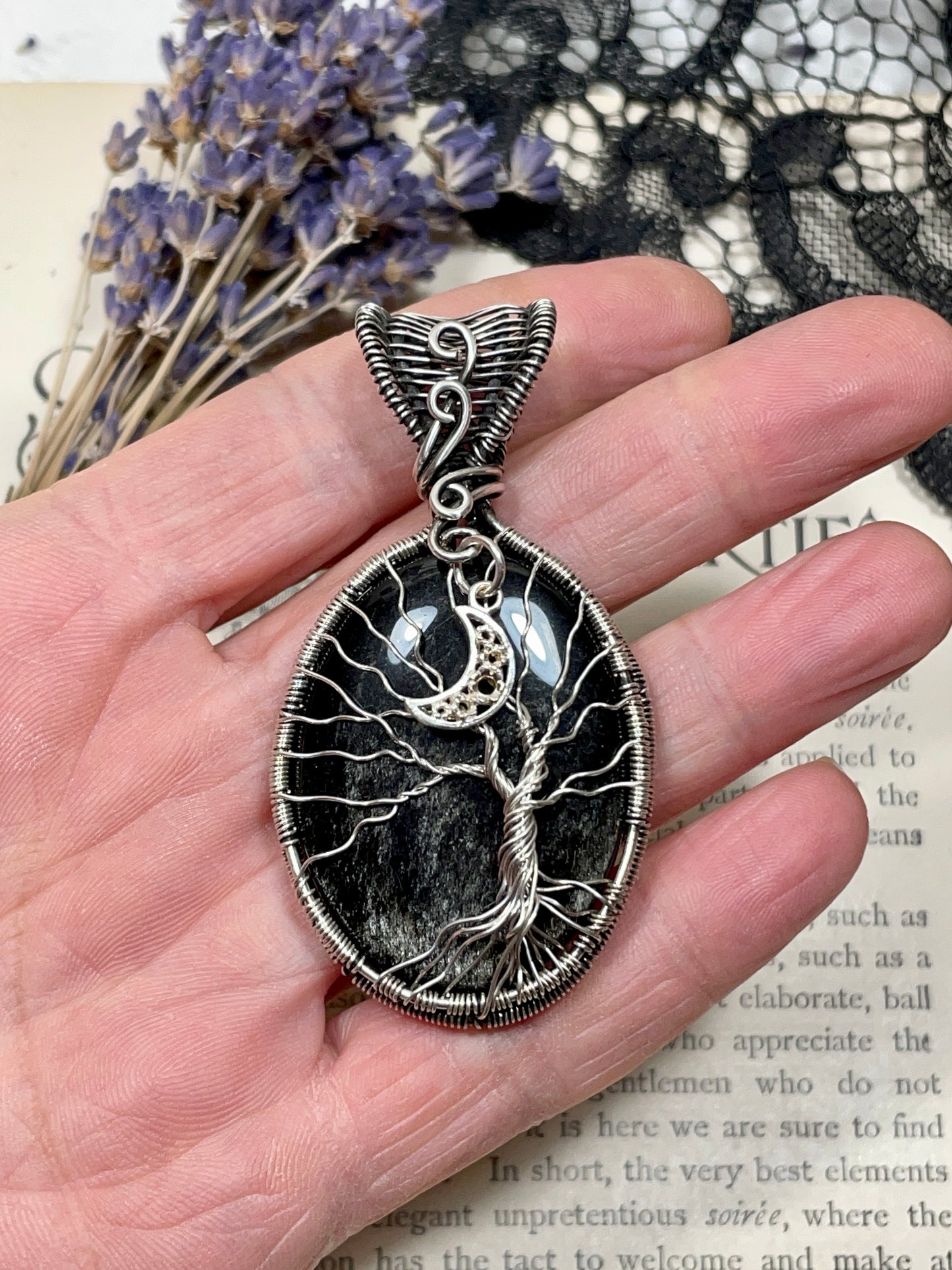 Obsidian (Silver Sheen Obsidian) Tree of Life Pendant in Sterling Silver
