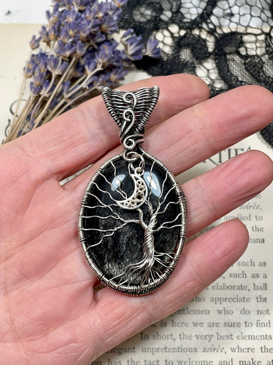 Obsidian (Silver Sheen Obsidian) Tree of Life Pendant in Sterling Silver