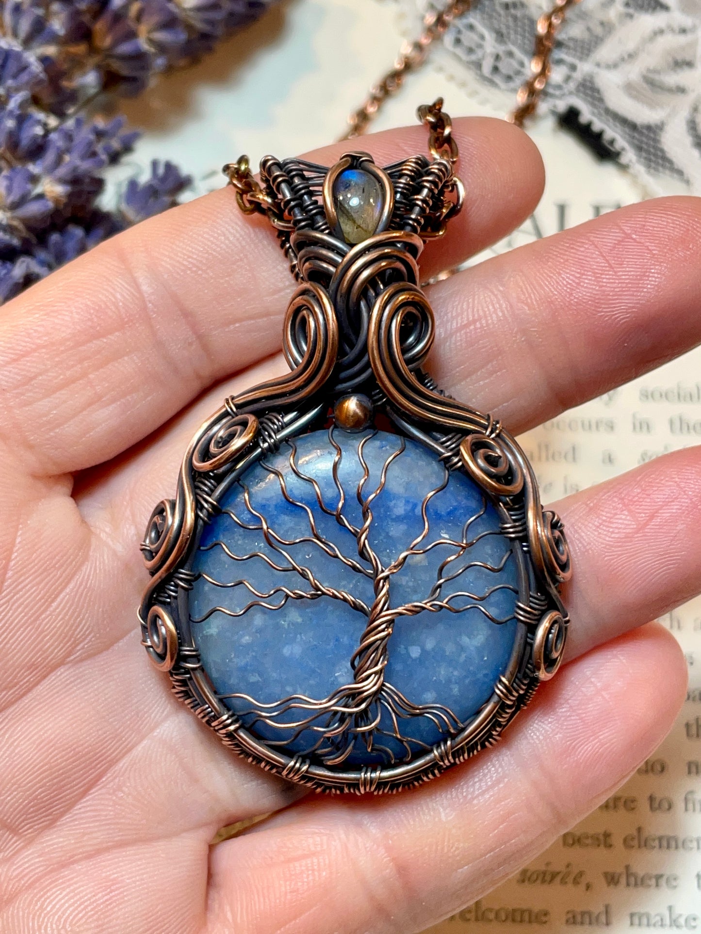 Quartz (Blue Quartz) Tree of Life Pendant in Copper