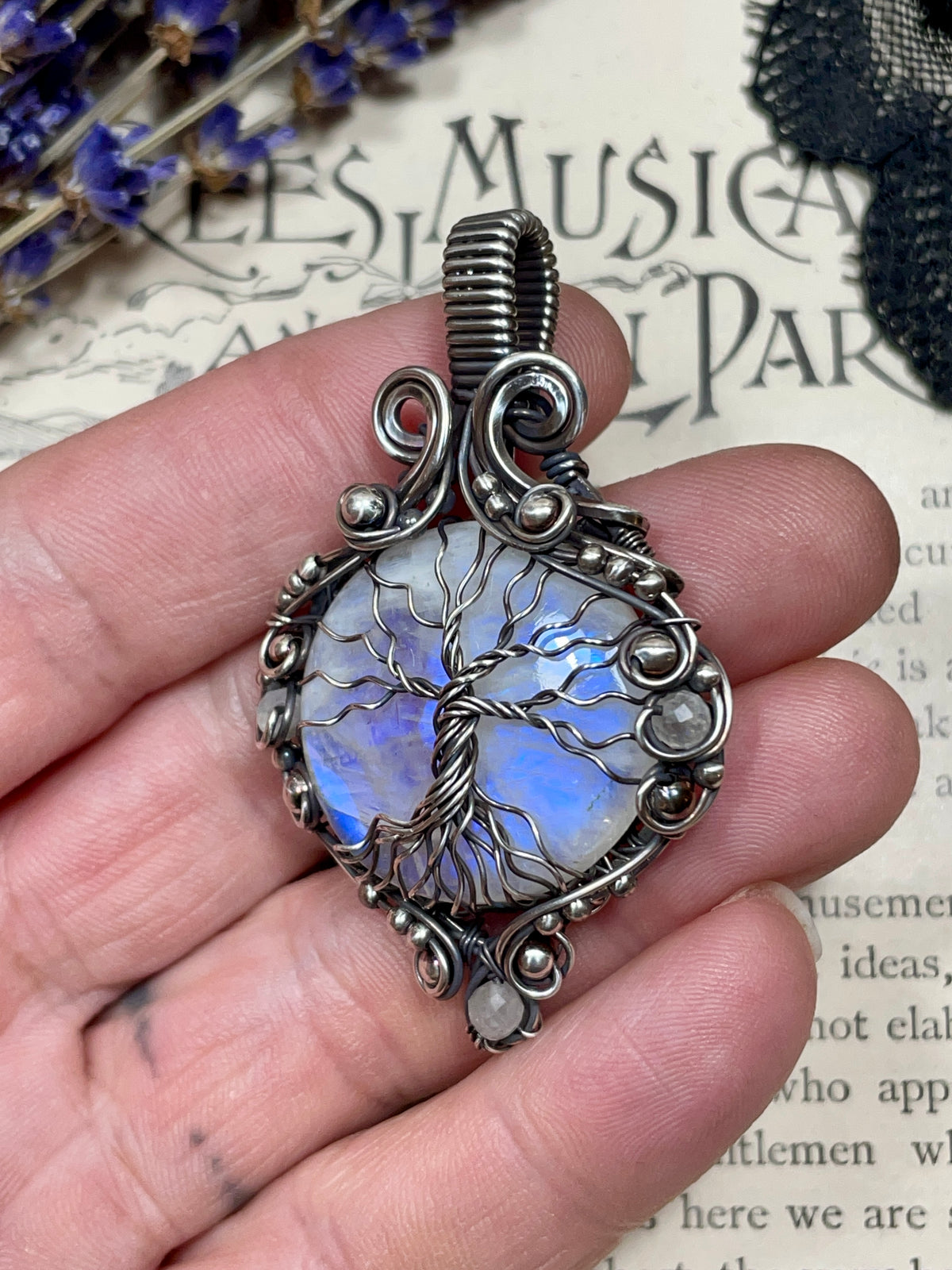 Moonstone (Rainbow Moonstone) Tree of Life Pendant in Sterling Silver