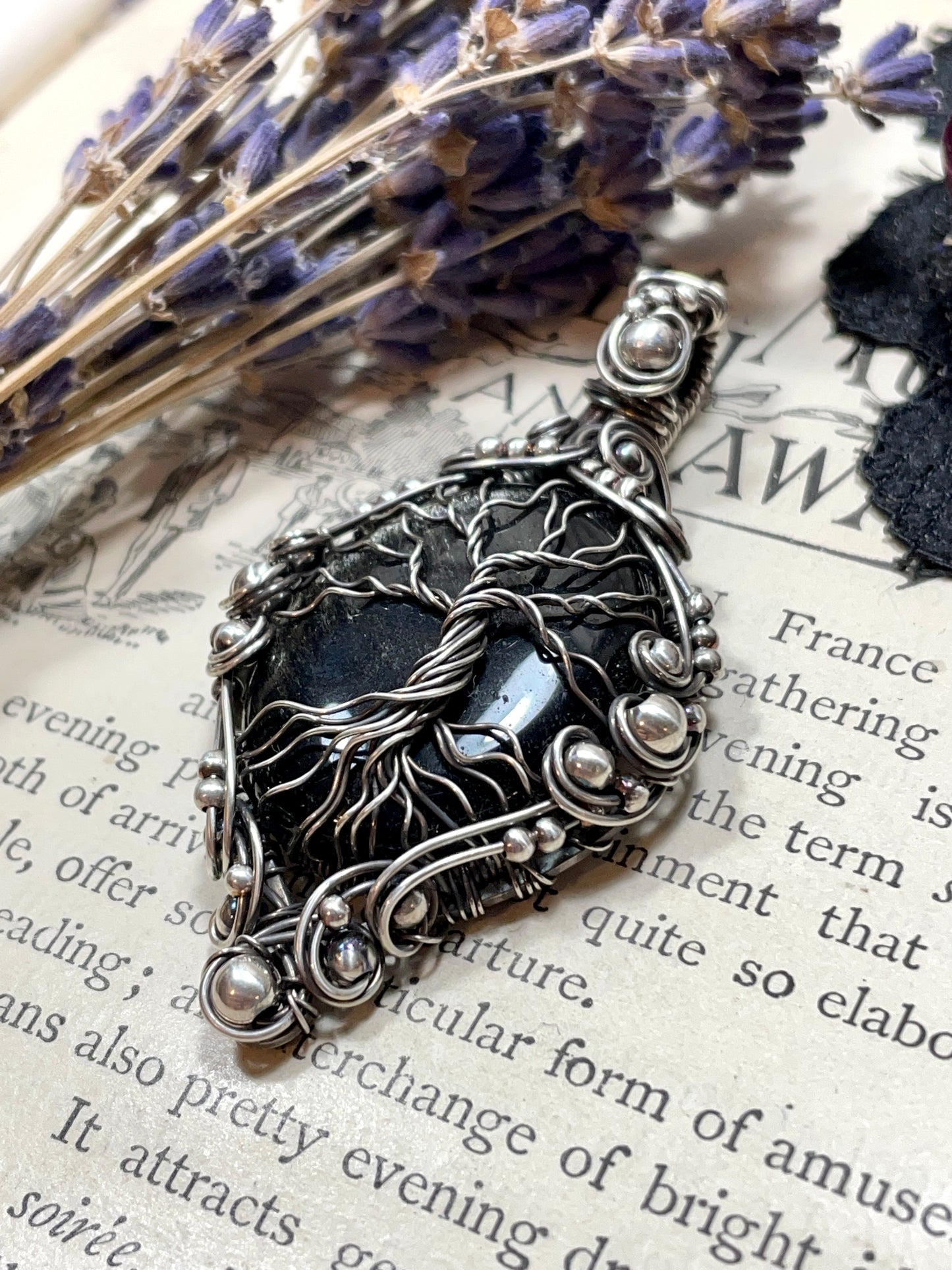 Obsidian (Silver Sheen Obsidian) Tree of Life Pendant in Sterling Silver