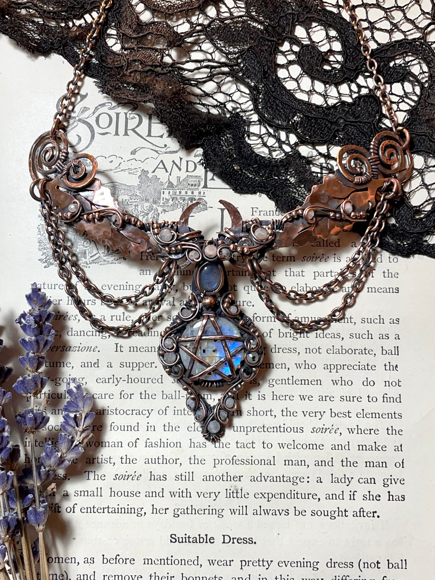 Moonstone (Rainbow Moonstone) Pentacle Collar in Copper