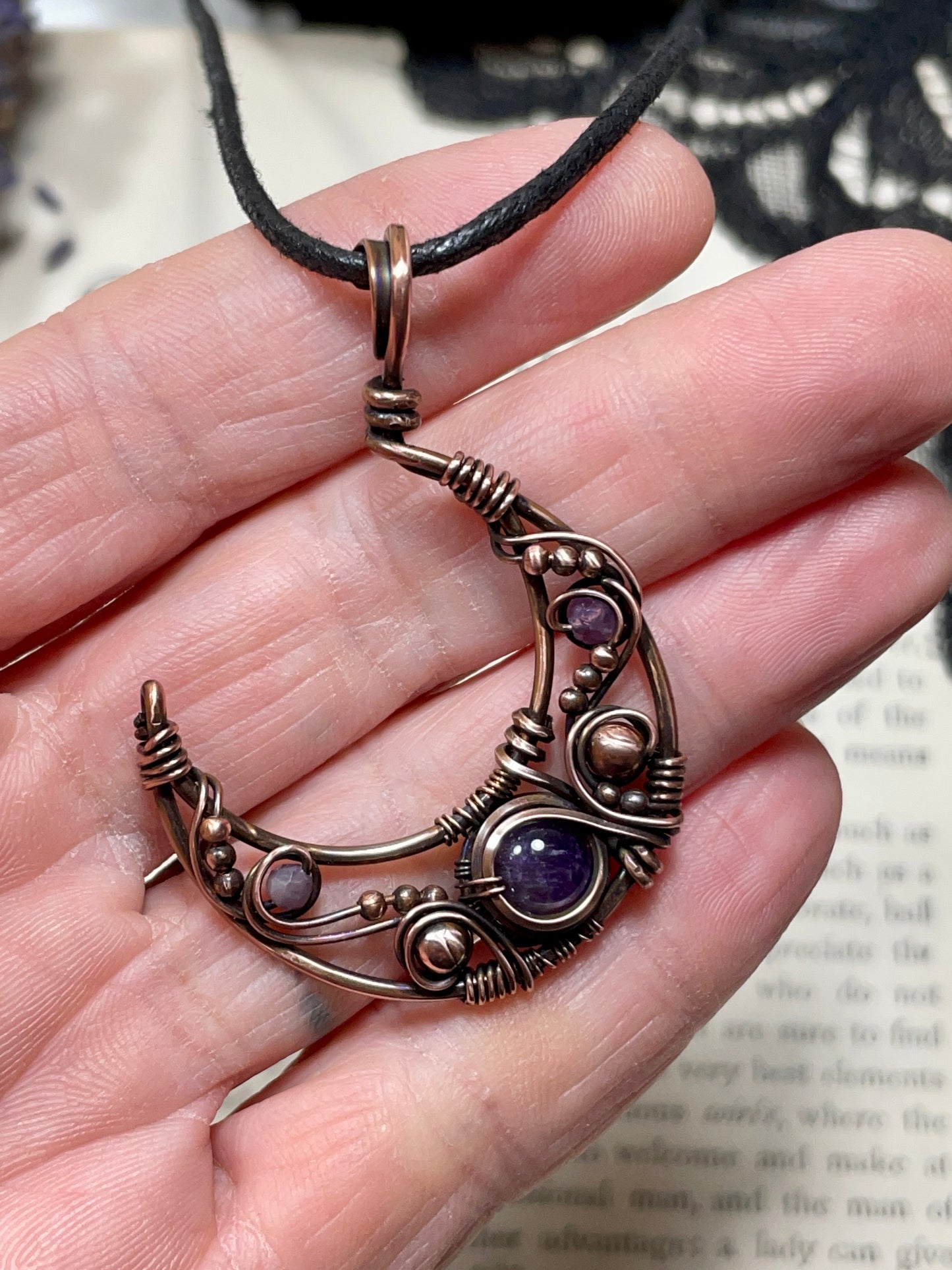 Amethyst Crescent Moon Pendant in Copper