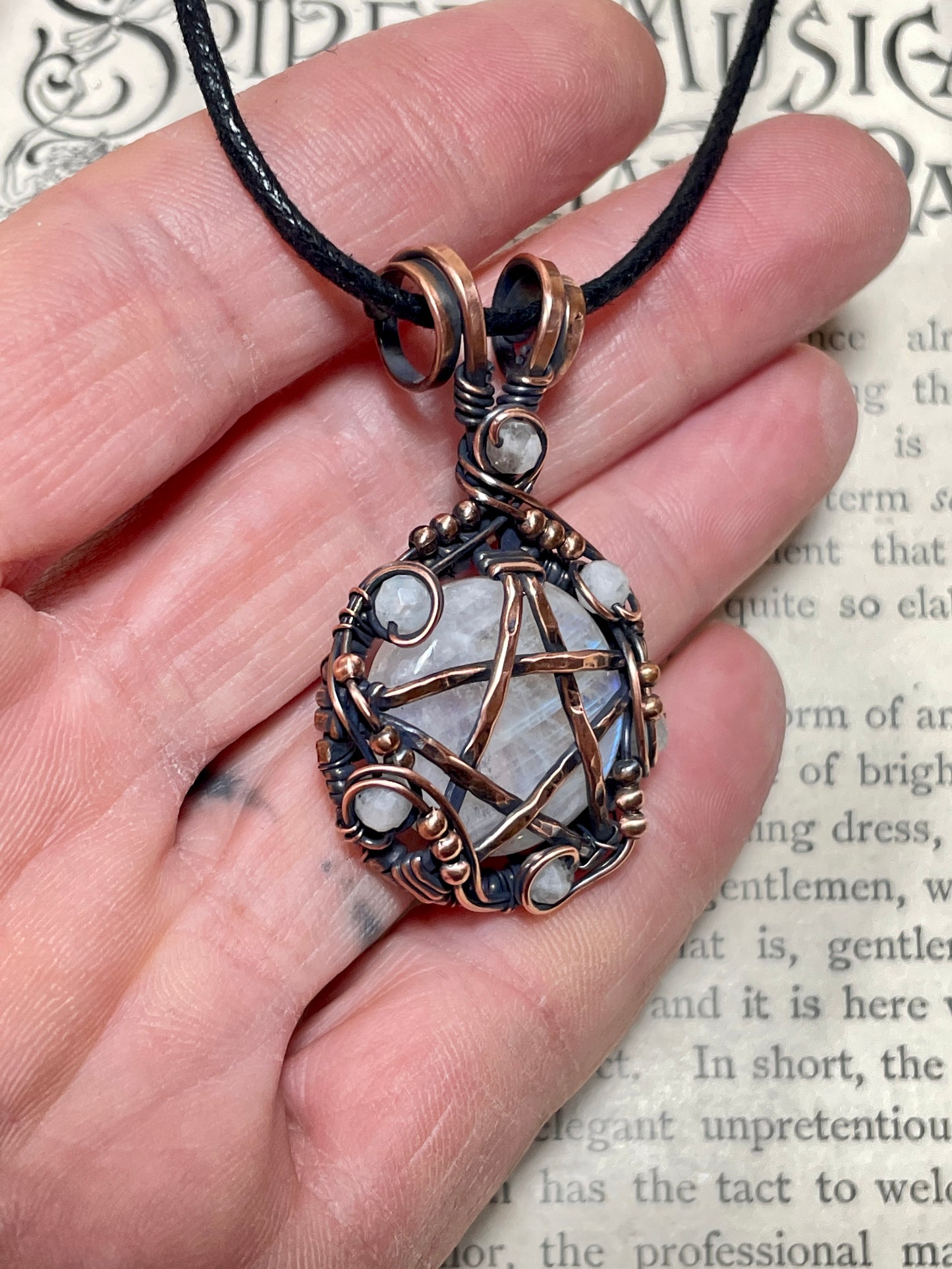 Moonstone (Rainbow Moonstone) Pentacle Pendant in Copper