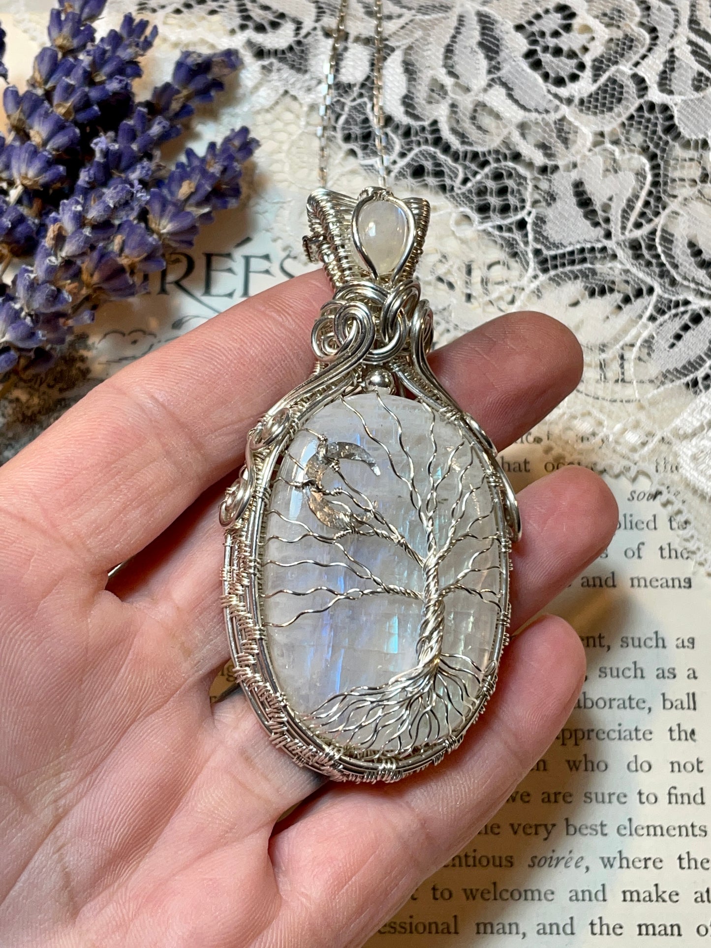 Moonstone (Rainbow Moonstone) Tree of Life Amulet in Sterling Silver