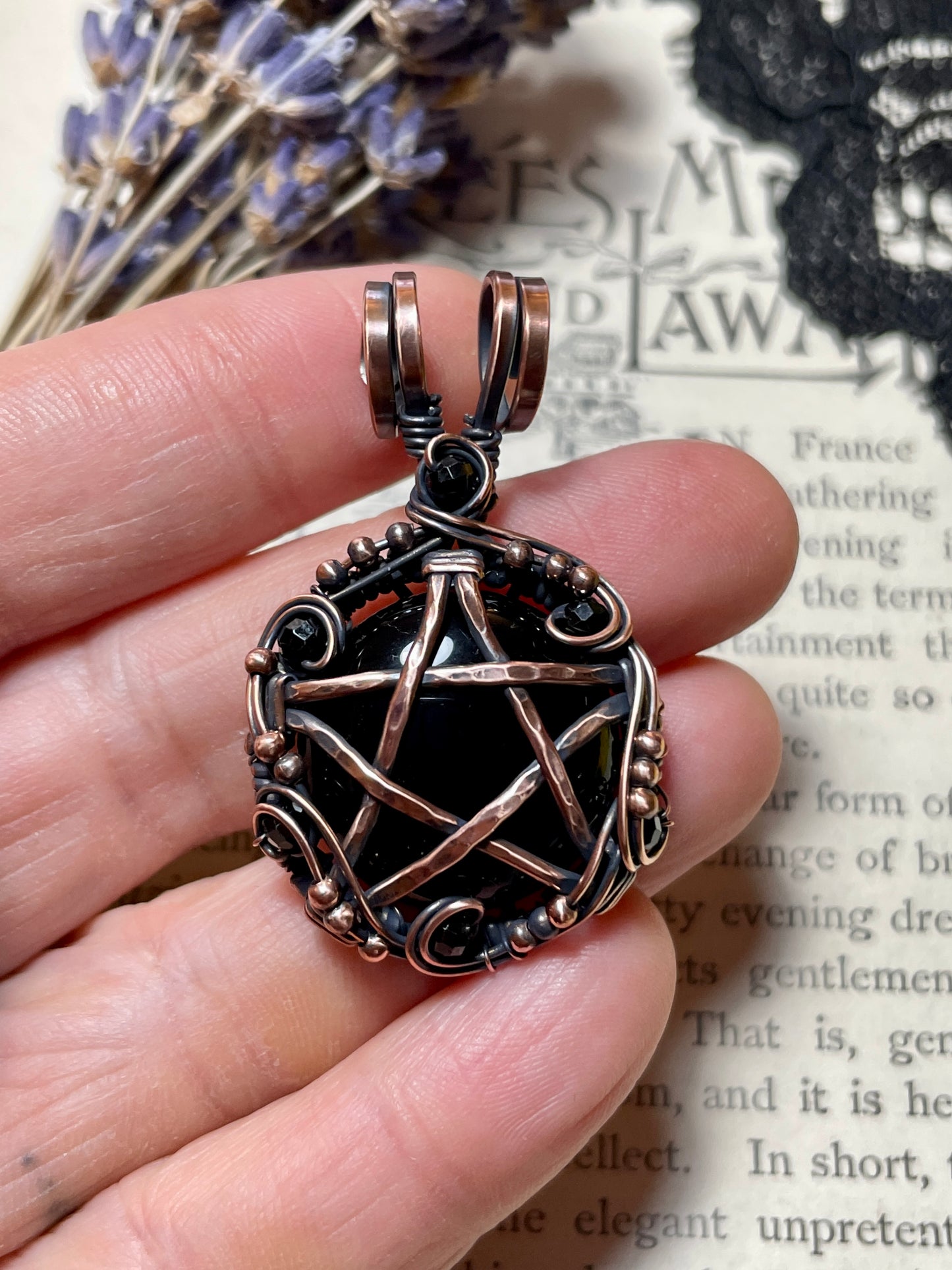 Onyx and Spinel Pentacle Pendant in Copper