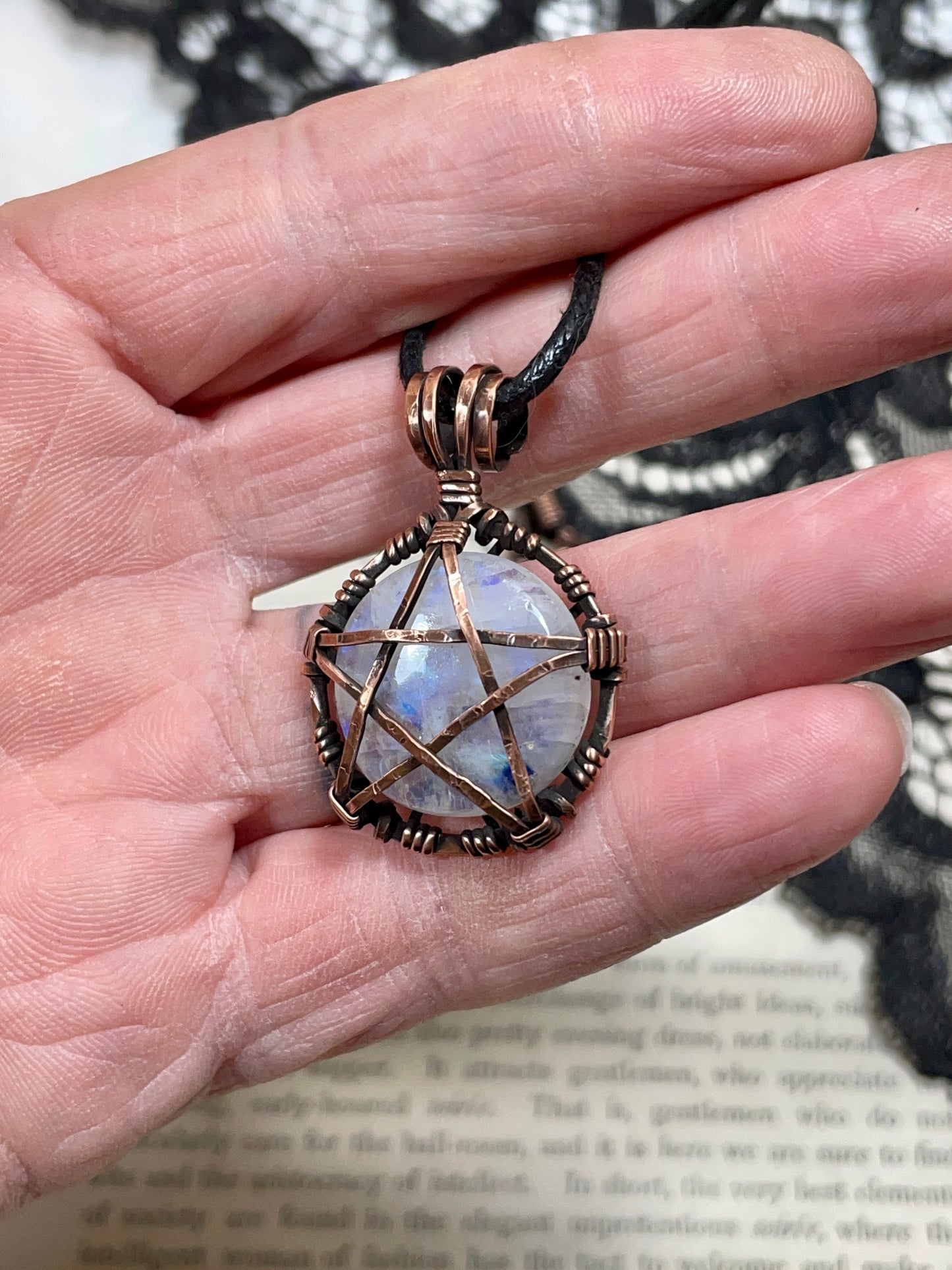Moonstone (Rainbow Moonstone) Pentacle Pendant in Antiqued Copper