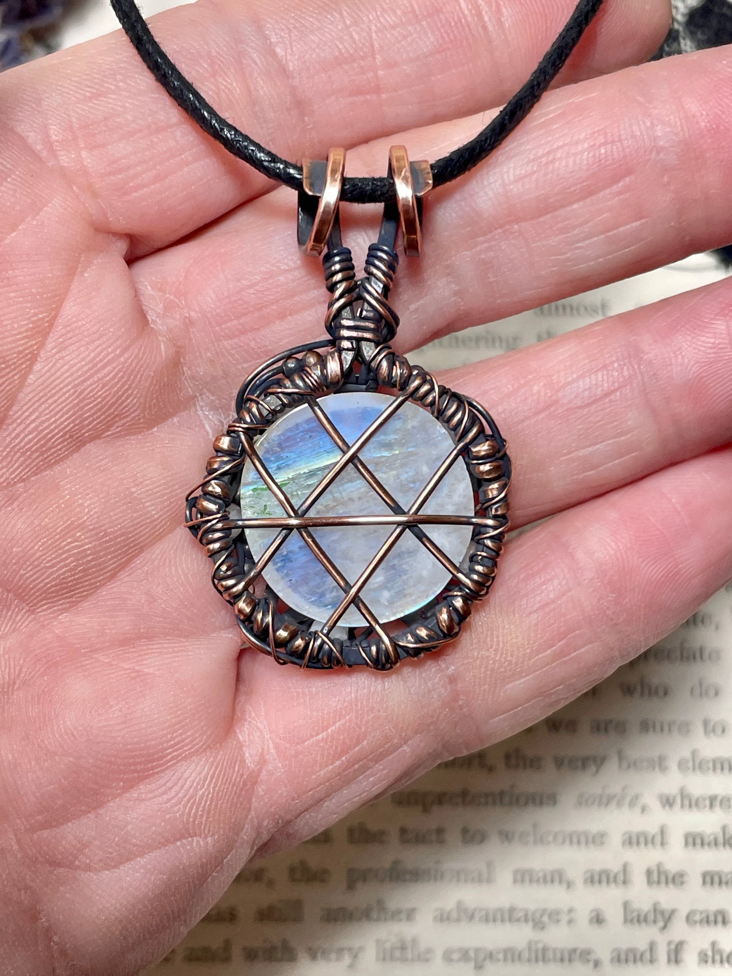 Moonstone (Rainbow Moonstone) Pentacle Pendant in Copper