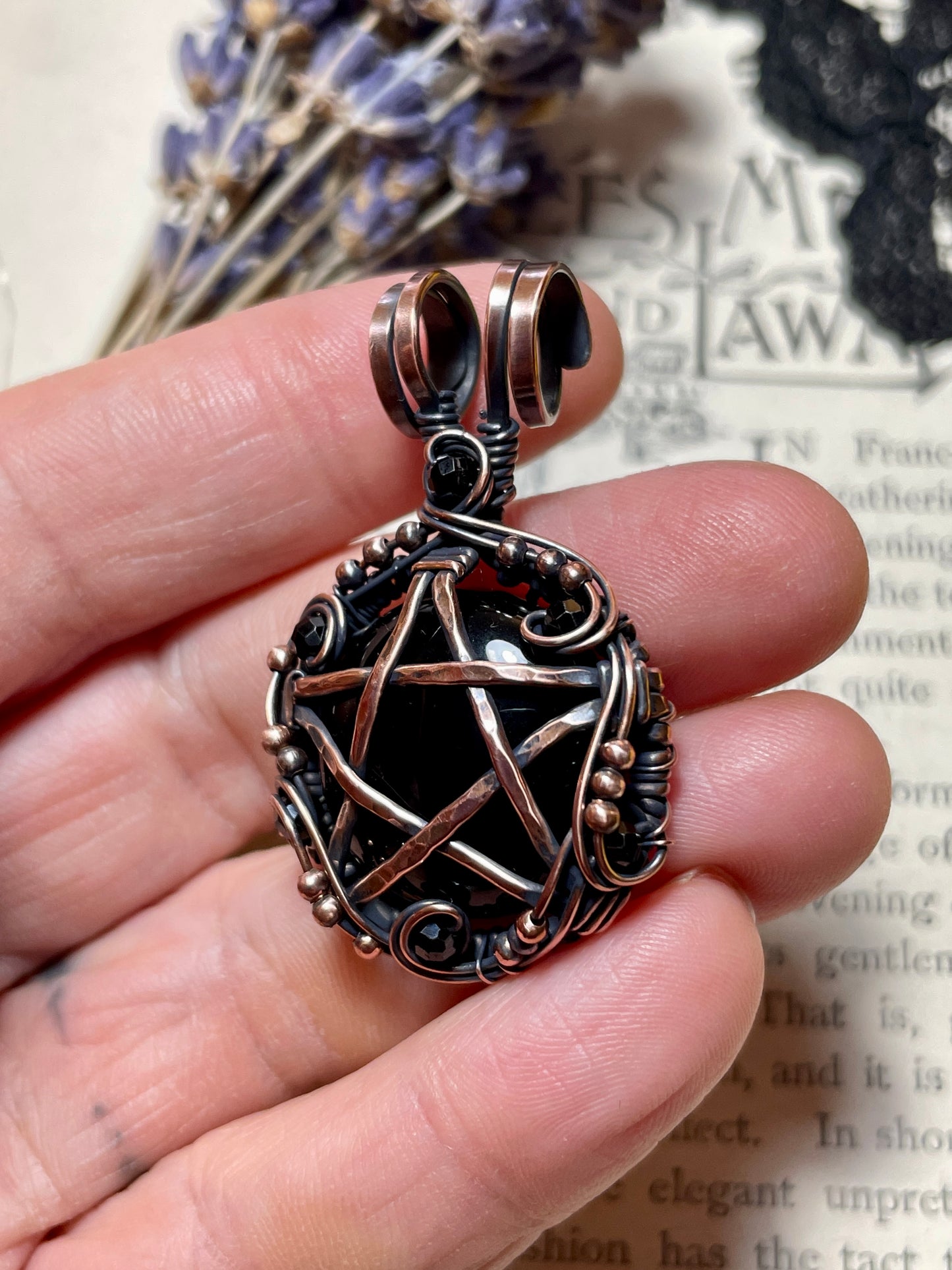 Onyx and Spinel Pentacle Pendant in Copper