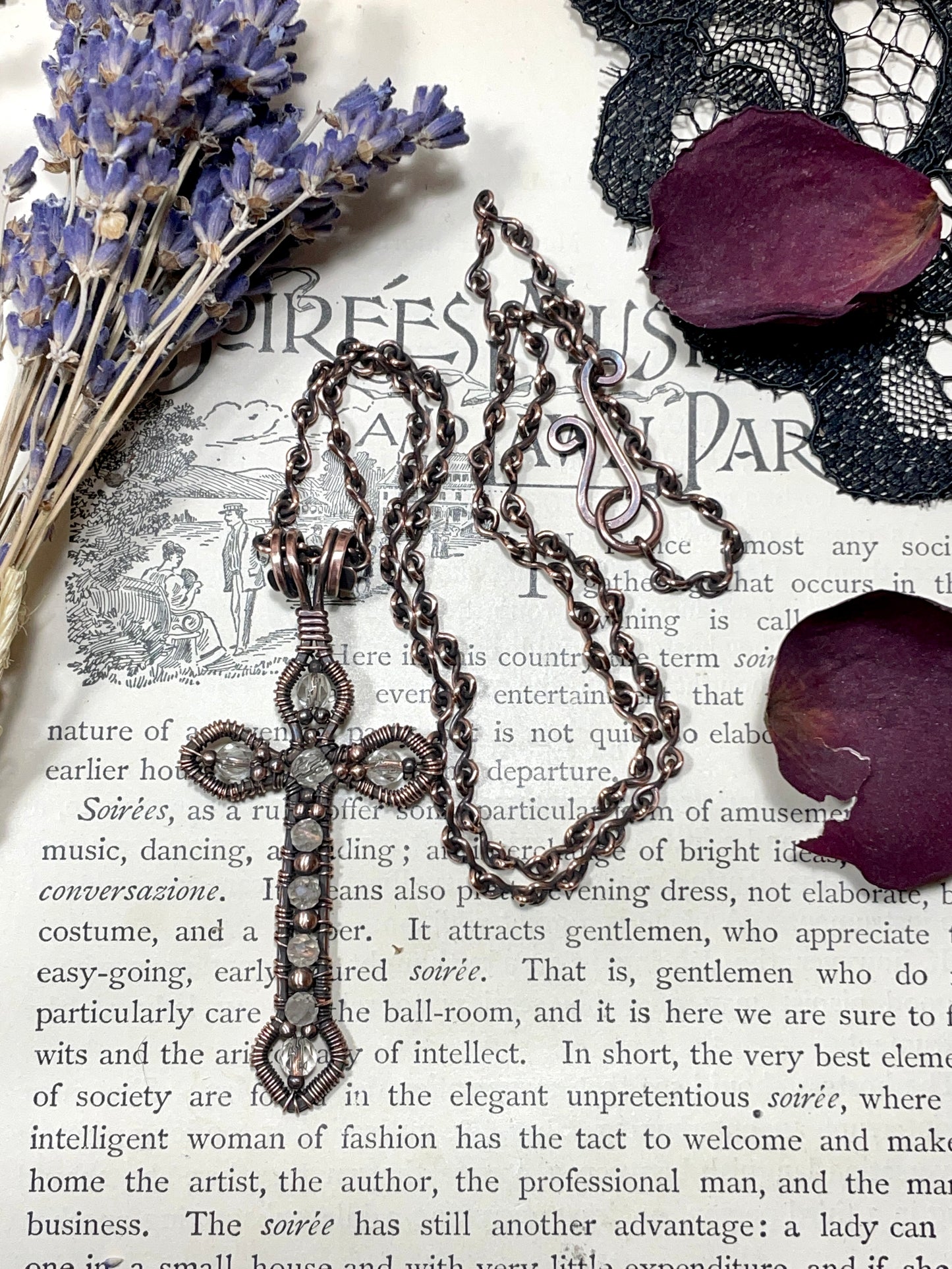 Quartz Gothic Cross Pendant in Antiqued Copper