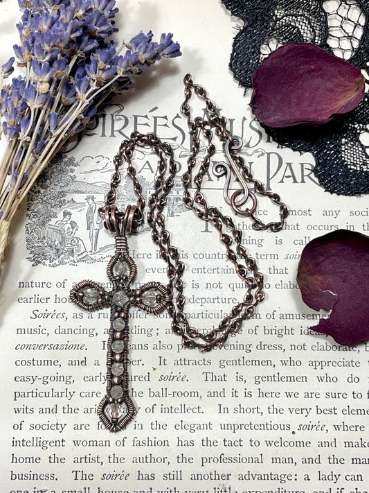 Quartz Gothic Cross Pendant in Antiqued Copper
