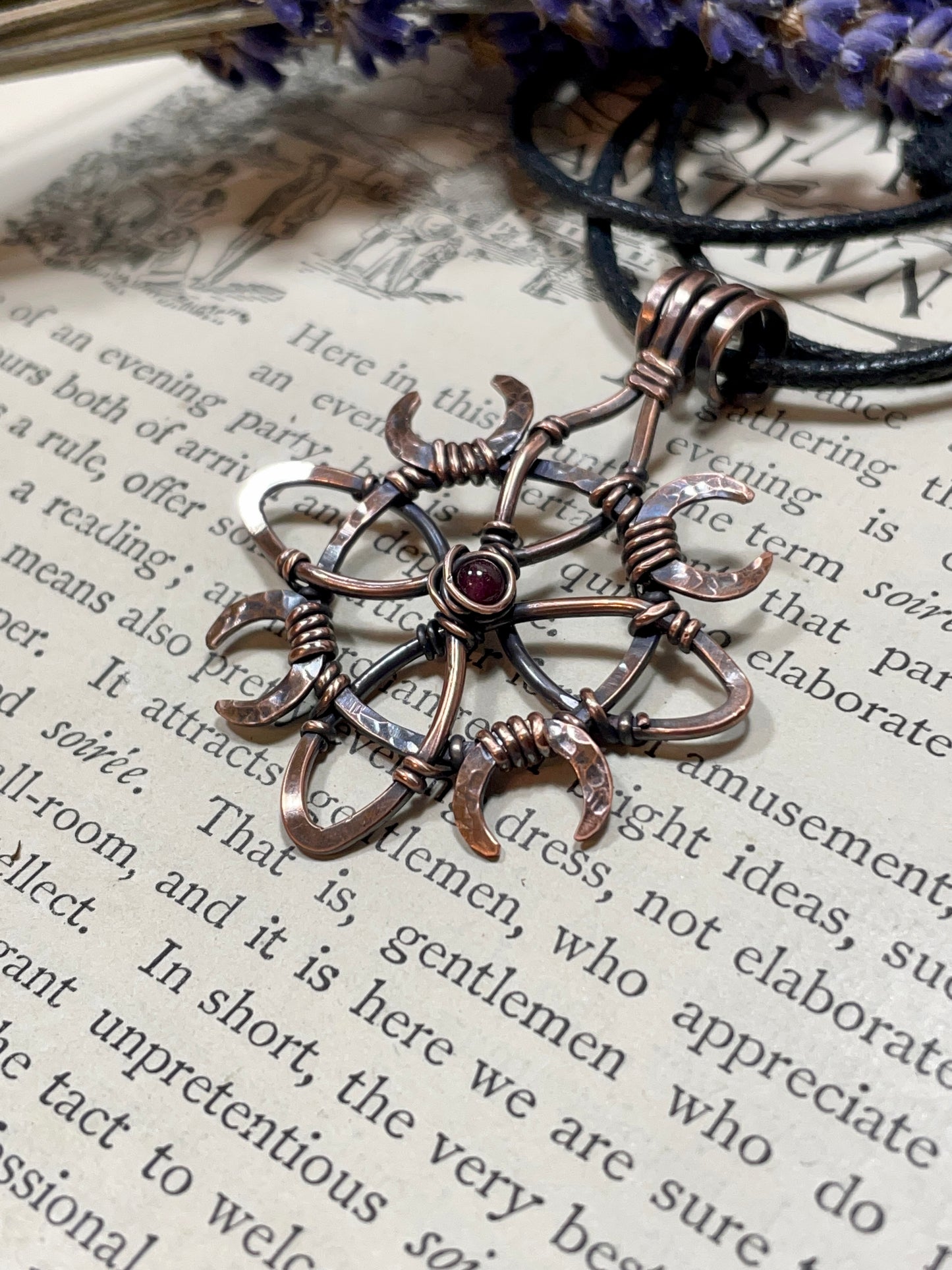 Garnet Witches Knot Pendant in Antiqued Copper