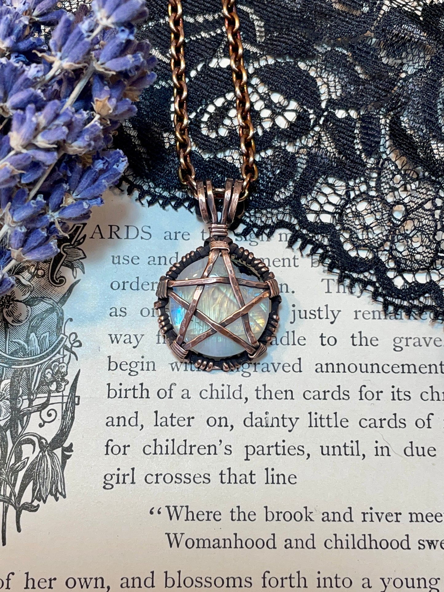 Moonstone (Rainbow Moonstone) Mini Pentacle Pendant in Antiqued Copper