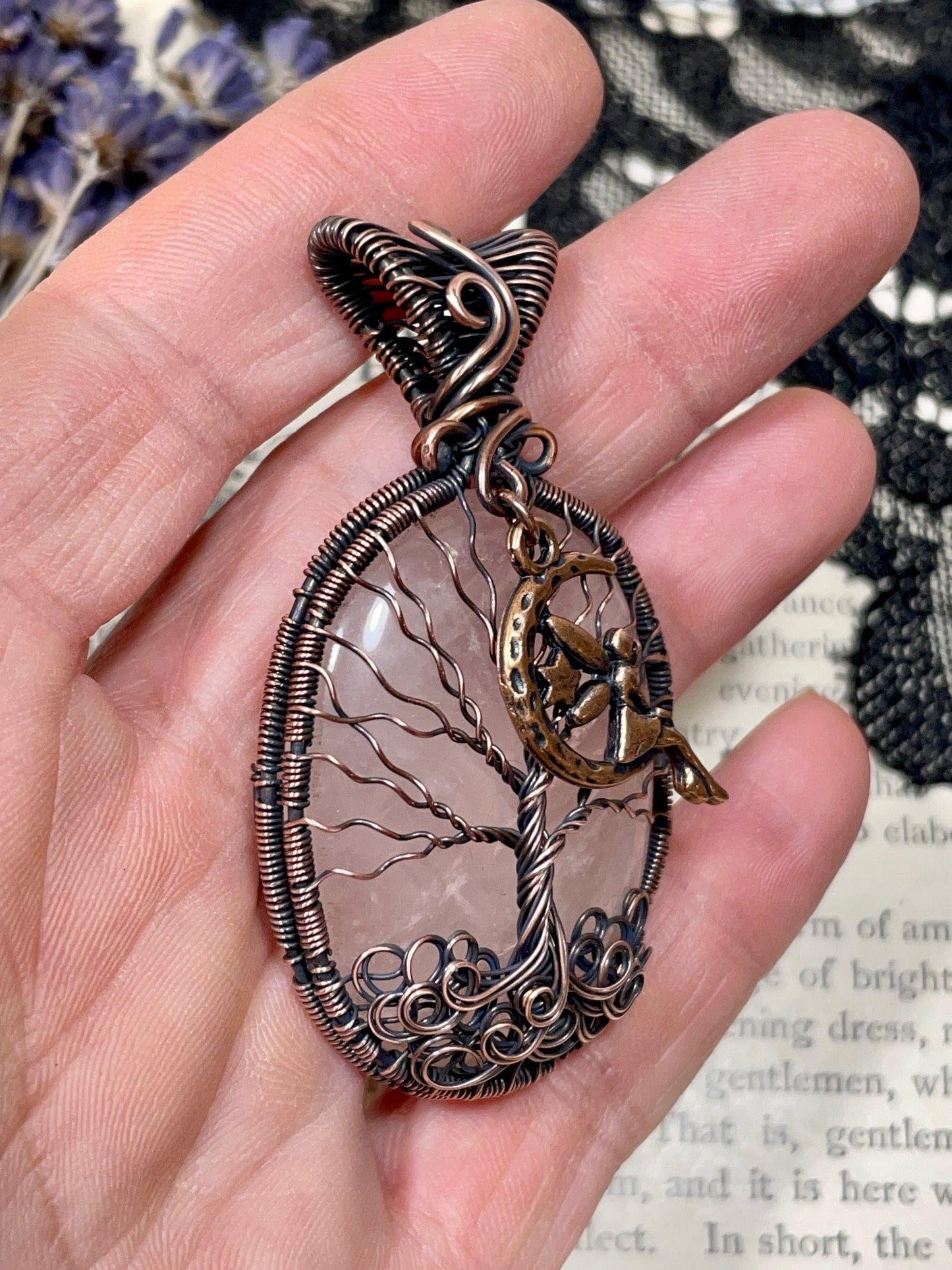 Rose Quartz Tree of Life Pendant in Copper