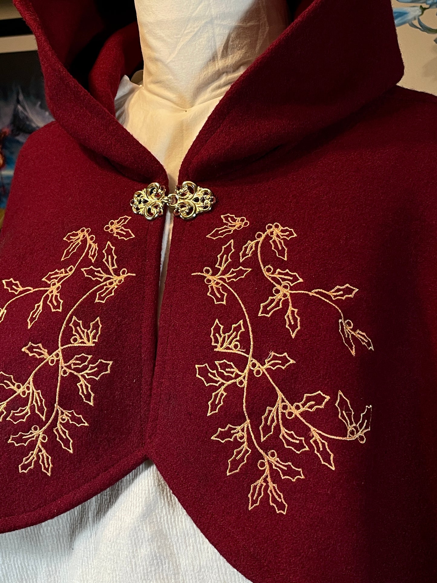 Holly King Red Wool Capelet in Gold