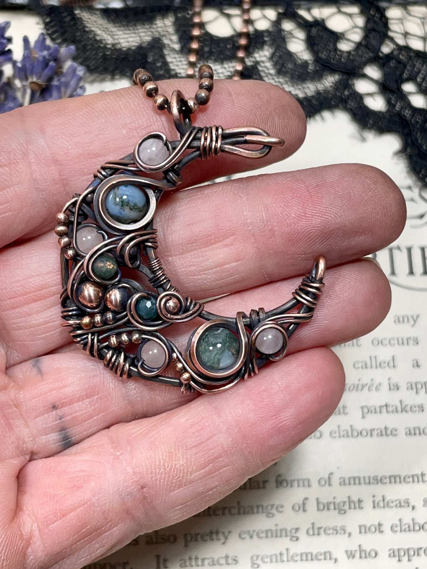Moss Agate & Rose Quartz Crescent Moon Pendant in Copper