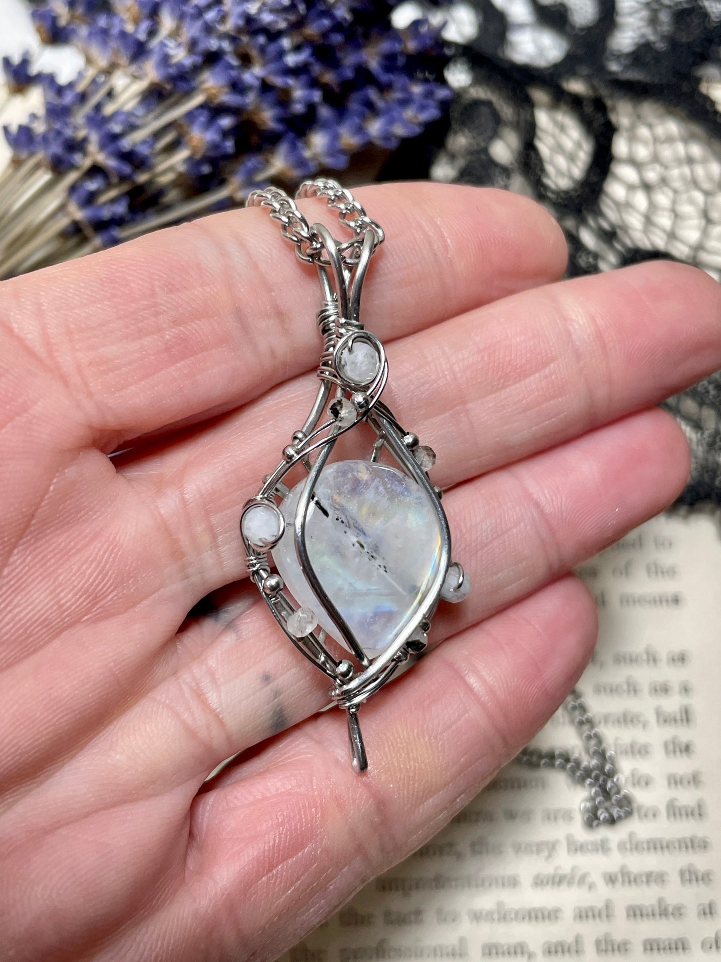 Moonstone (Rainbow Moonstone) Pendant in Stainless Steel