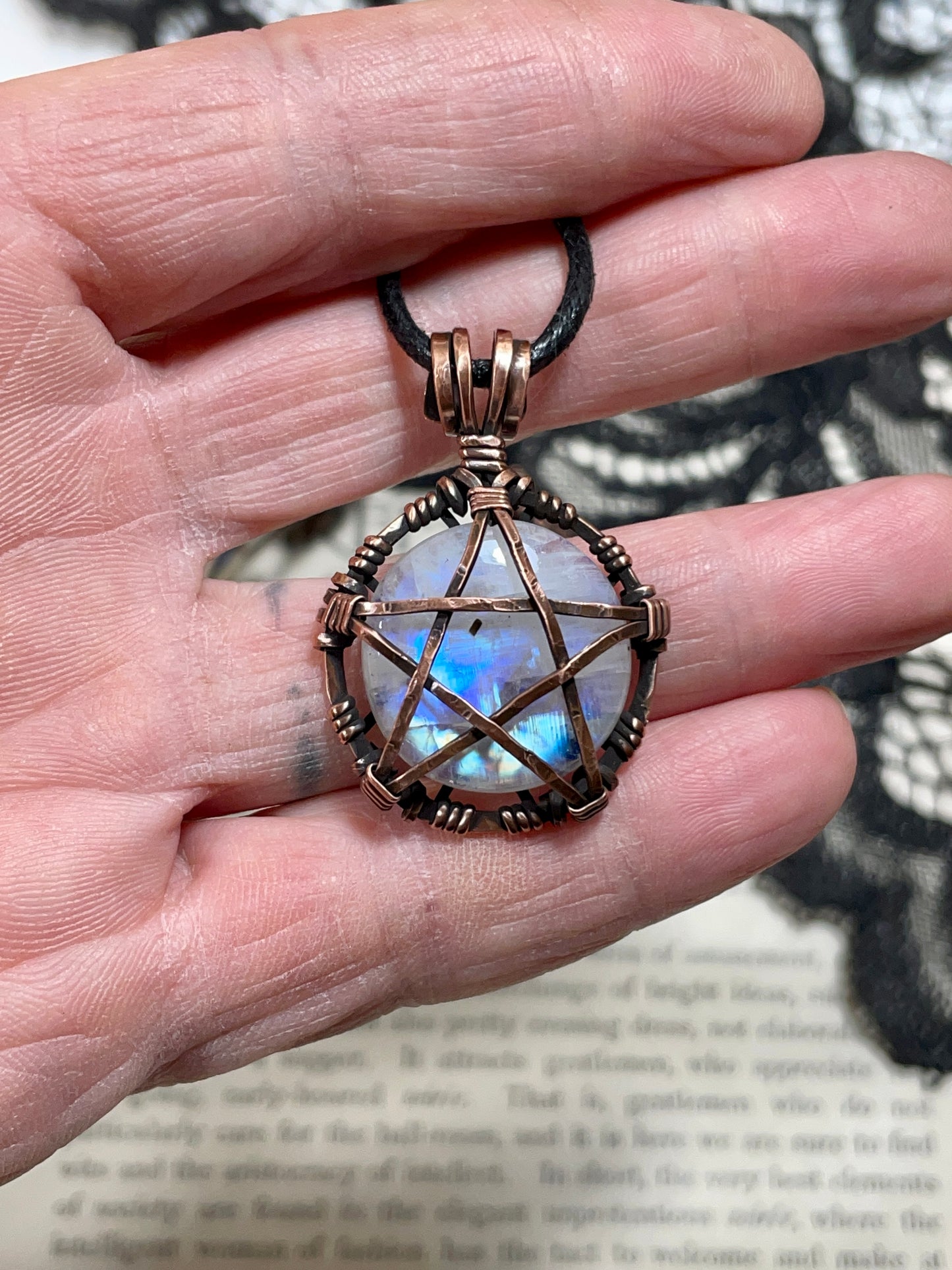 Moonstone (Rainbow Moonstone) Pentacle Pendant in Antiqued Copper