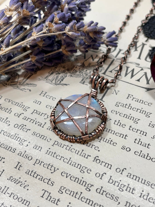Moonstone (Rainbow Moonstone) Pentacle Pendant in Antiqued Copper