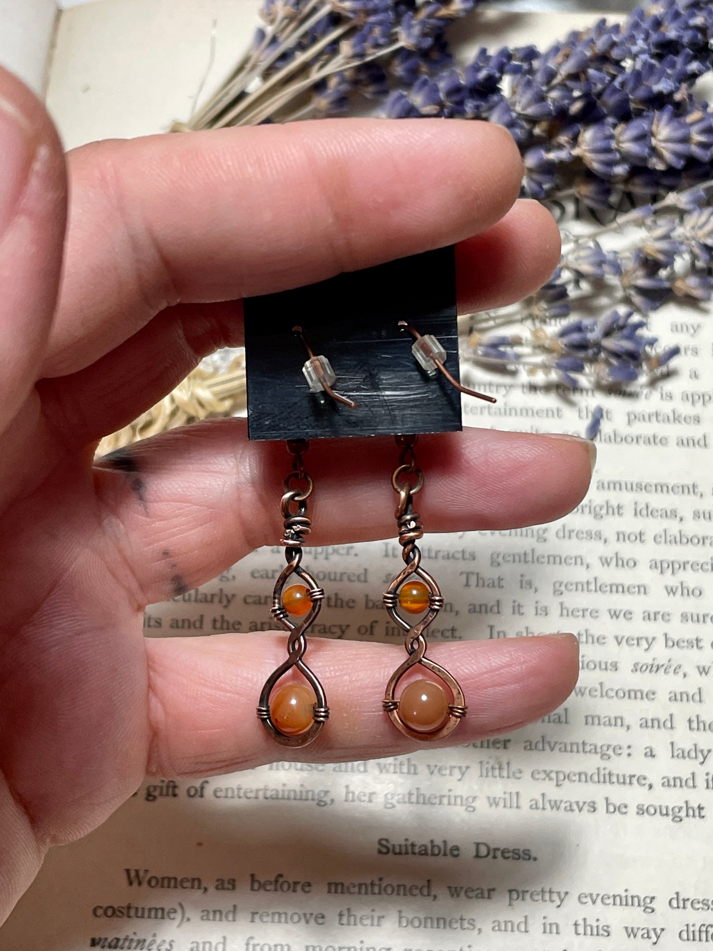 Carnelian Earrings in hammered copper