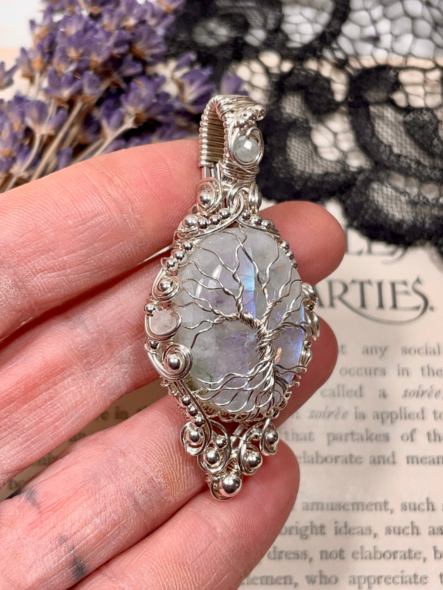 Moonstone (Rainbow Moonstone) Tree of Life Pendant in Sterling Silver