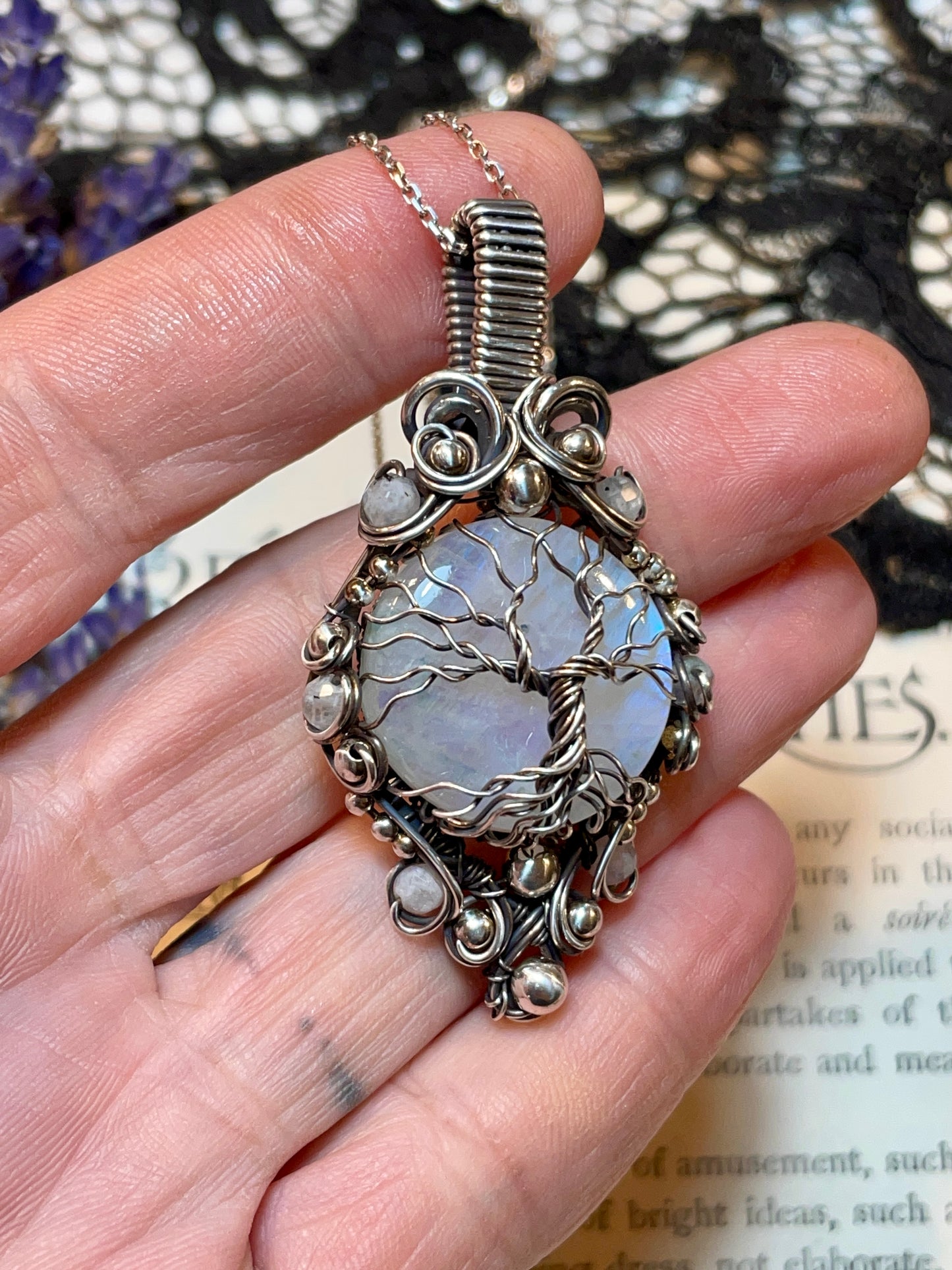 Moonstone (Rainbow Moonstone) Tree of Life Pendant in Sterling Silver