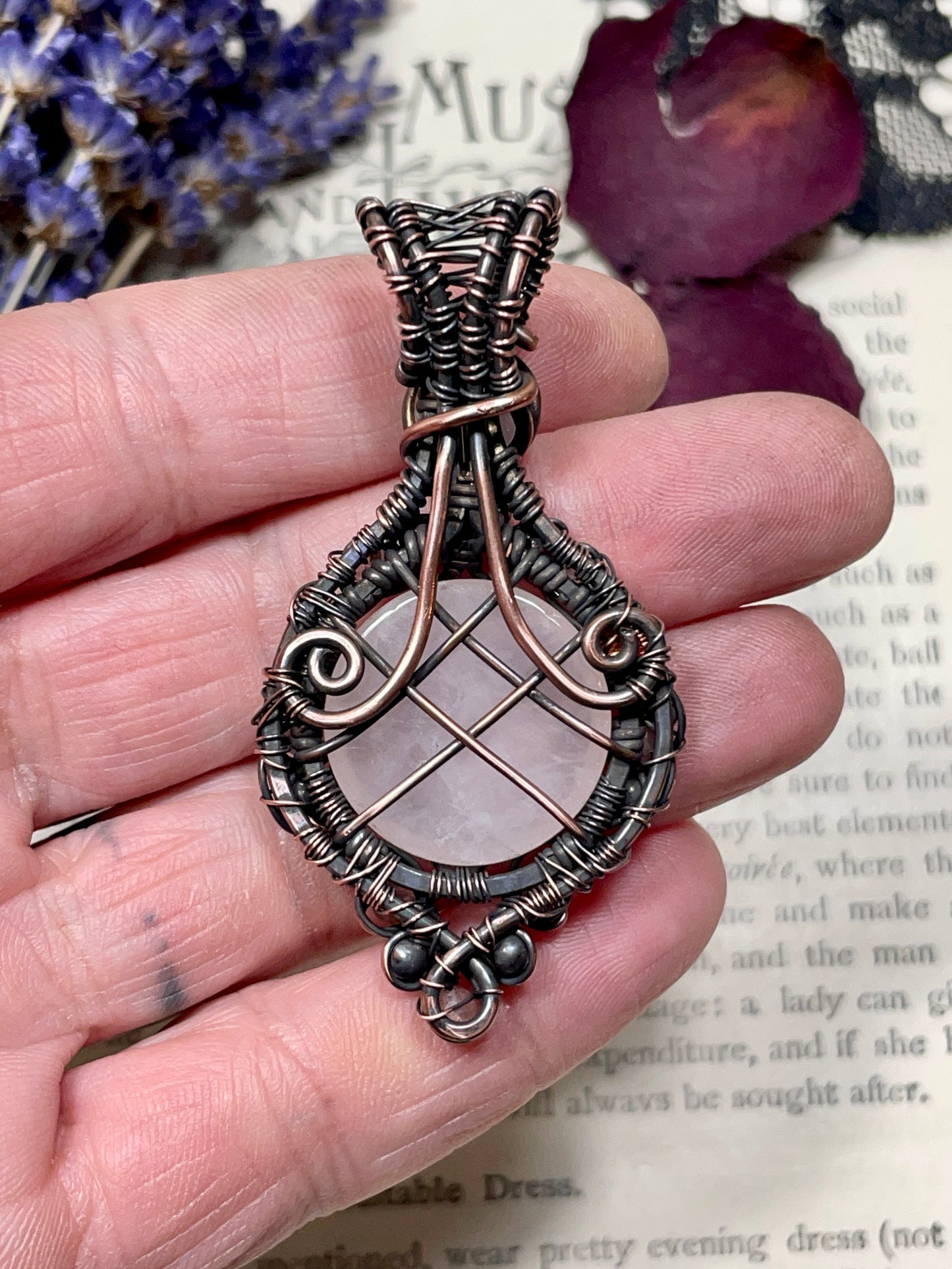 Rose Quartz Flower Pendant in Copper