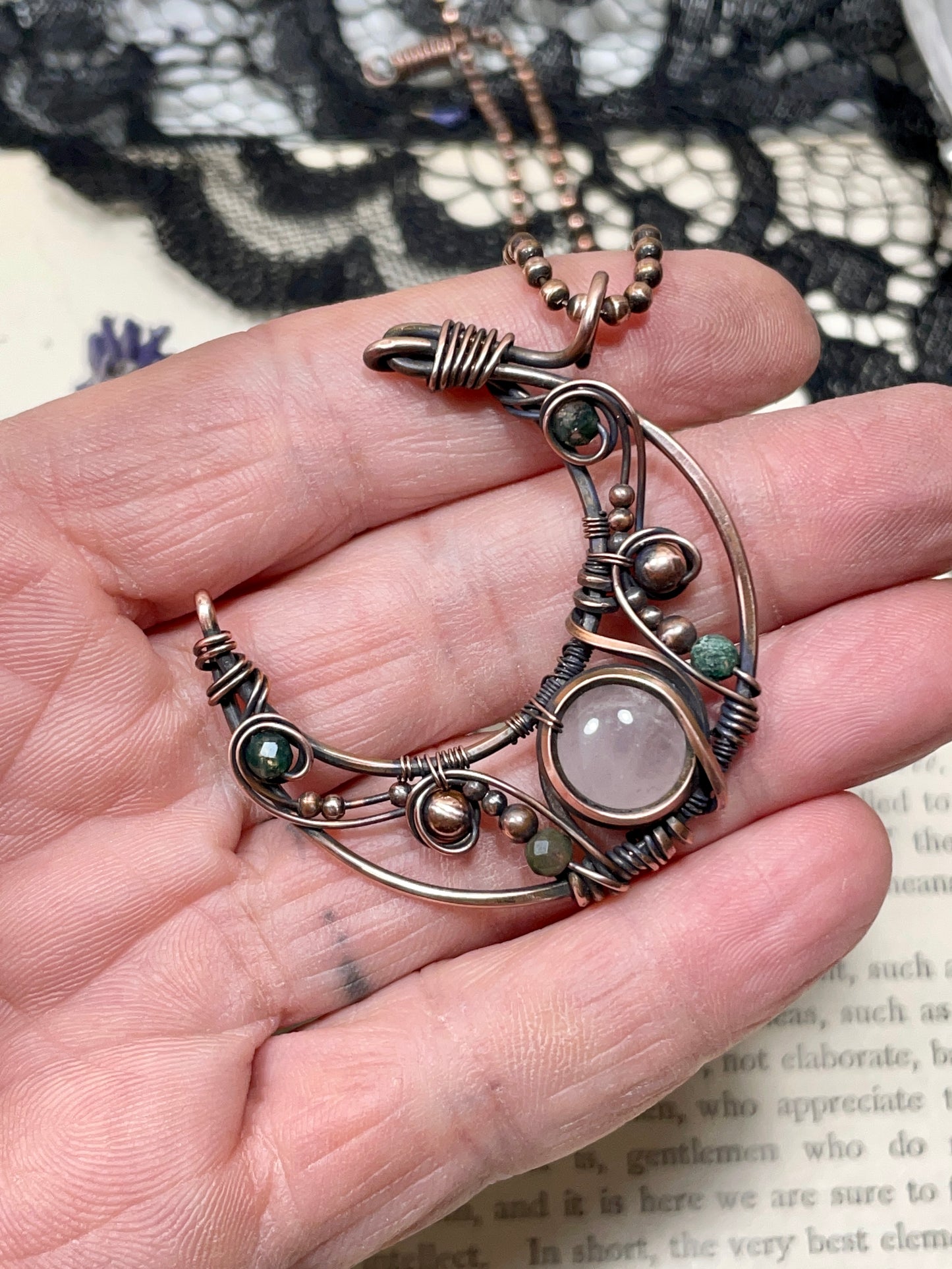 Rose Quartz & Moss Agate Crescent Moon Pendant in Copper