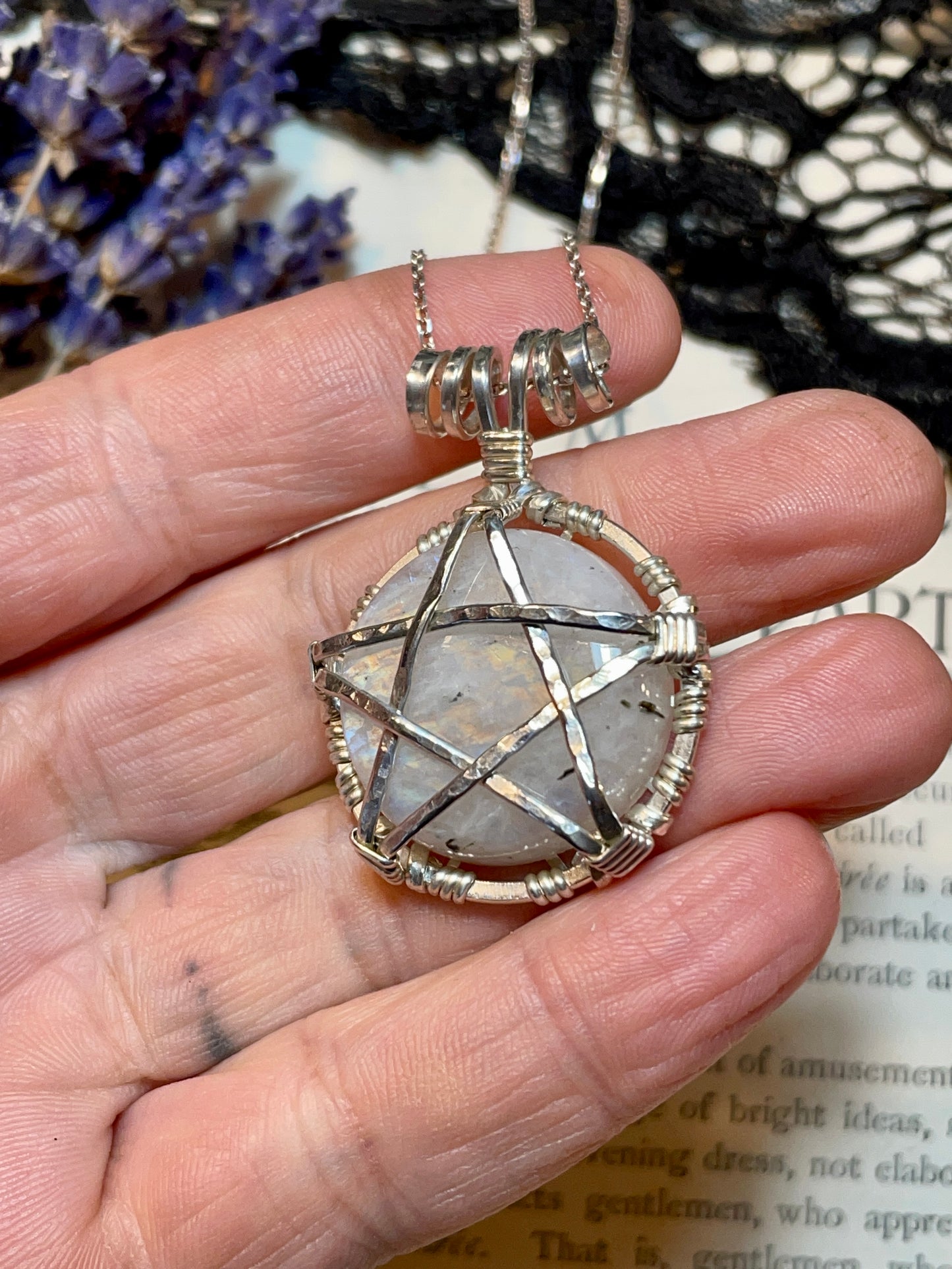 Moonstone (Rainbow Moonstone) Pentacle Pendant in Sterling Silver