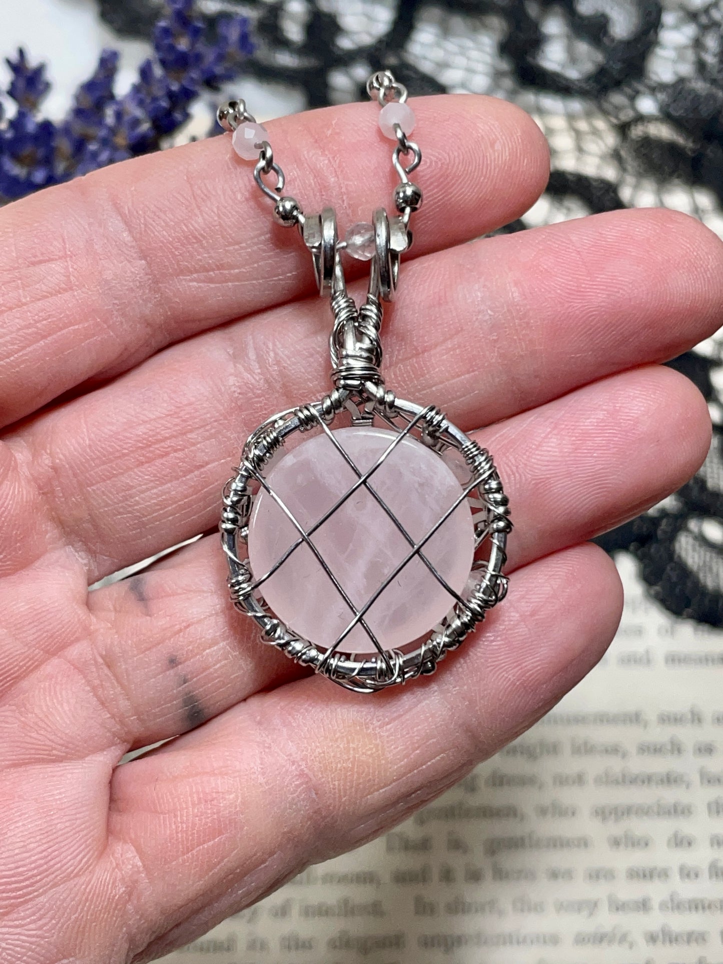 Rose Quartz Pentacle Pendant in Stainless Steel