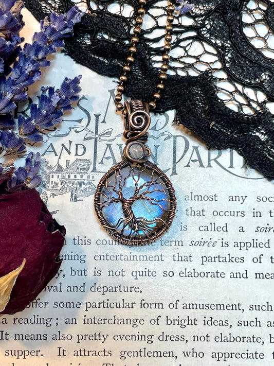 Rainbow Moonstone mini Tree of Life Amulet in Copper