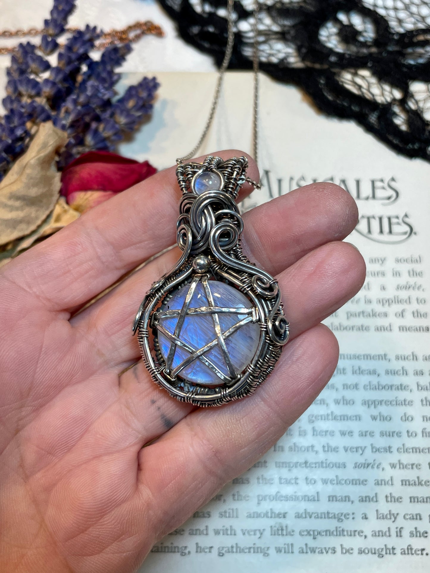 Moonstone (Rainbow Moonstone) Pentacle Pendant in Sterling Silver