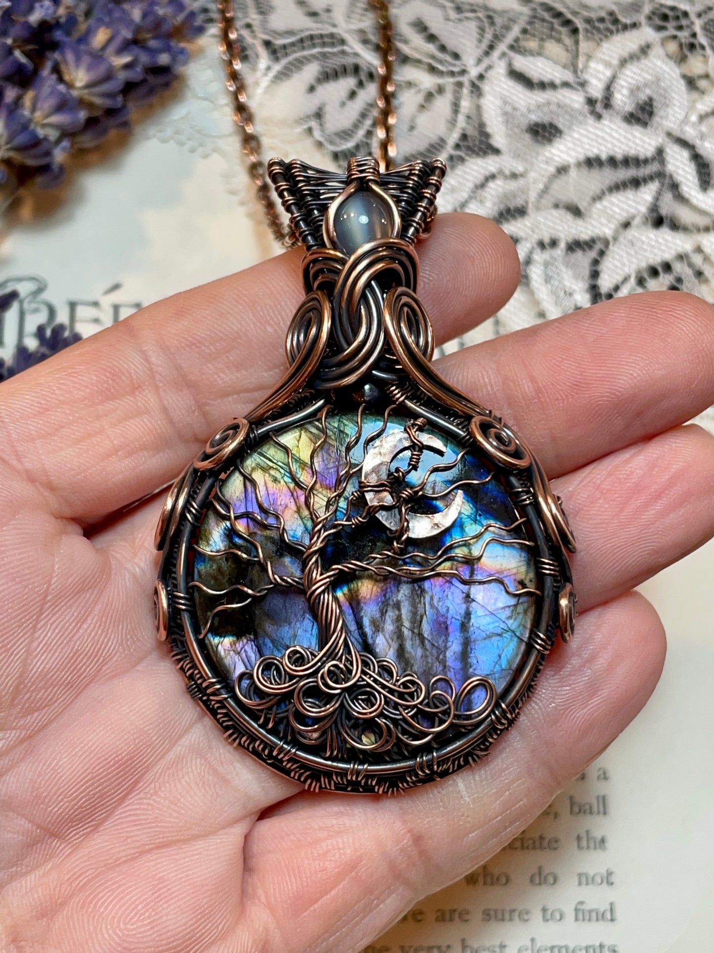 Labradorite Crescent Moon Tree of Life Amulet in Copper