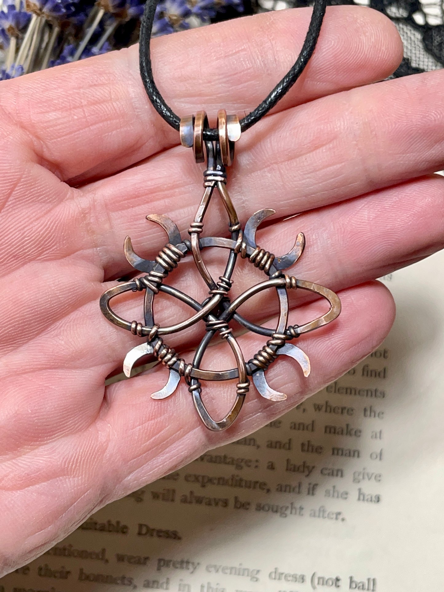 Garnet Witches Knot Pendant in Antiqued Copper
