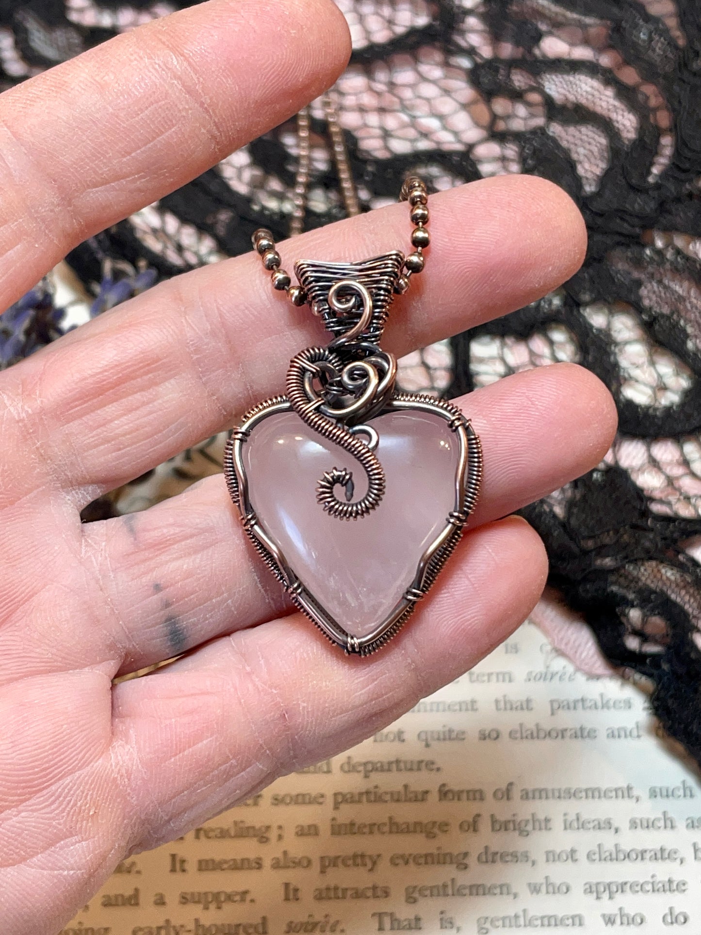 Rose Quartz Heart Pendant in Copper