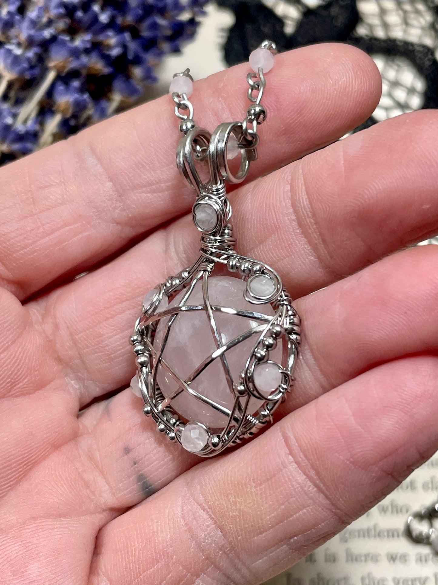 Rose Quartz Pentacle Pendant in Stainless Steel