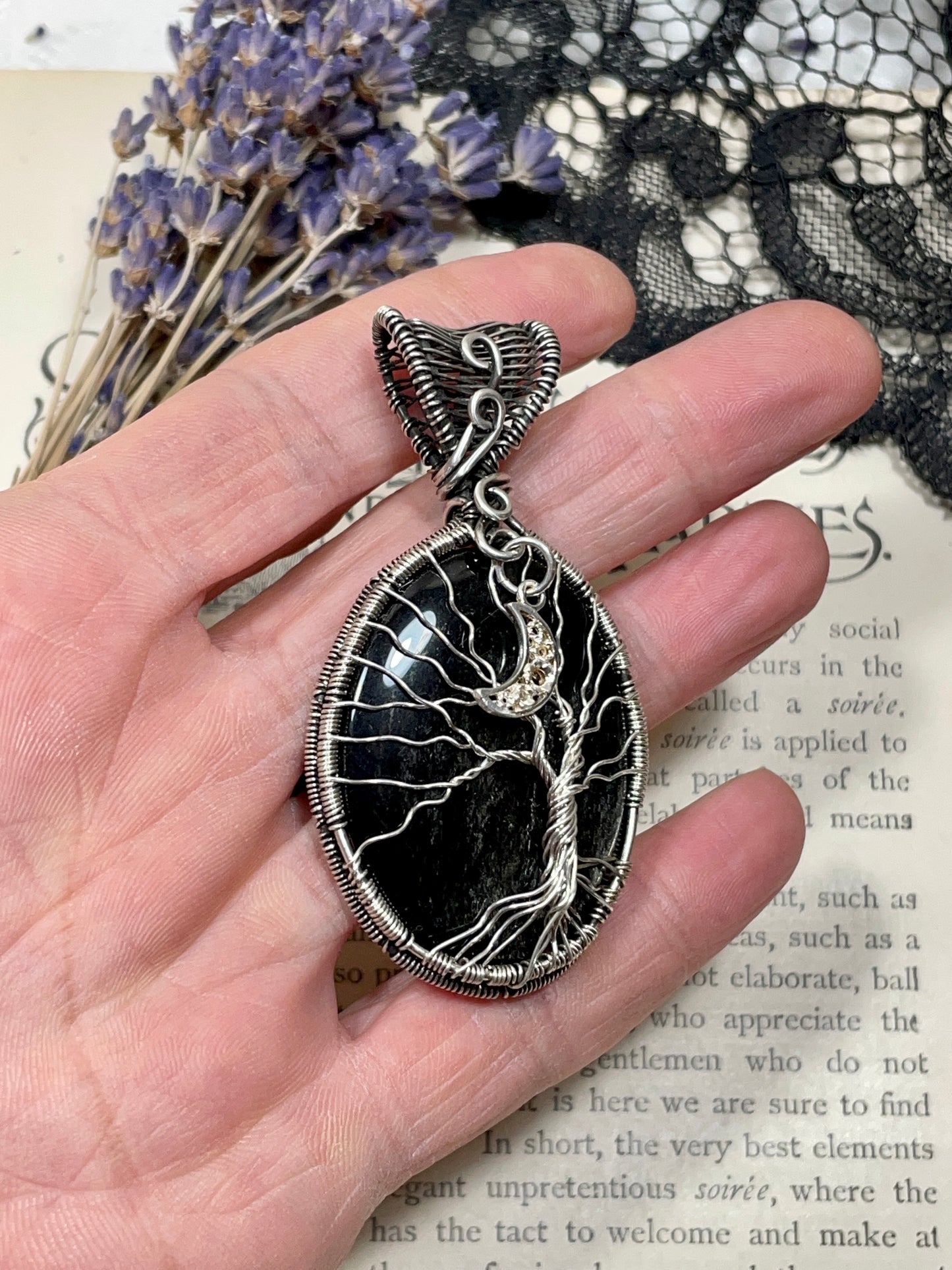 Obsidian (Silver Sheen Obsidian) Tree of Life Pendant in Sterling Silver