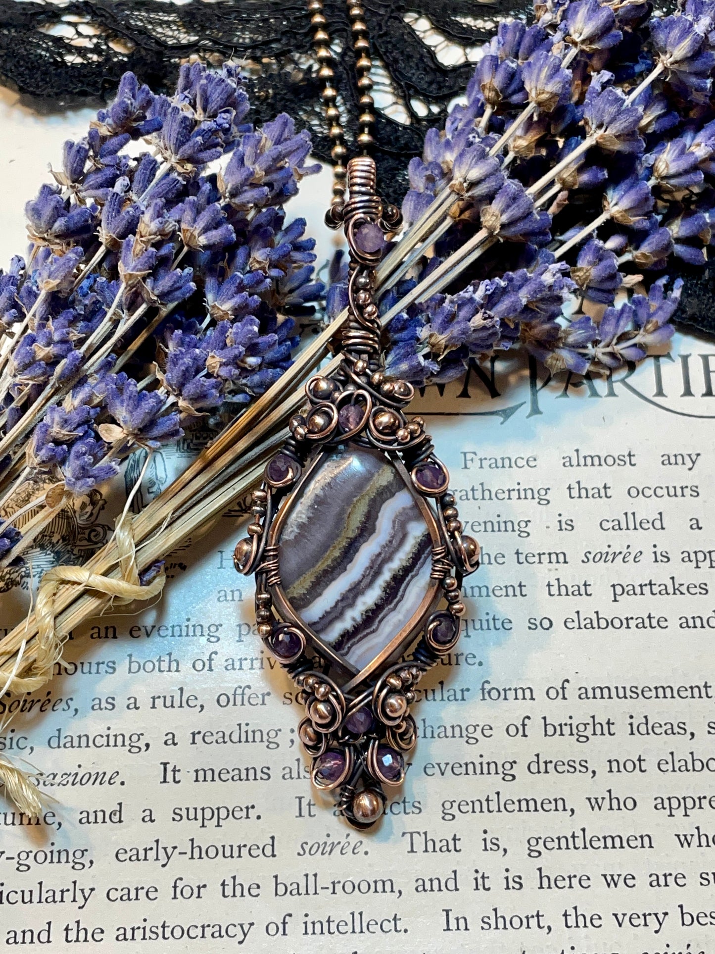 Amethyst Lace Agate Pendant in Copper