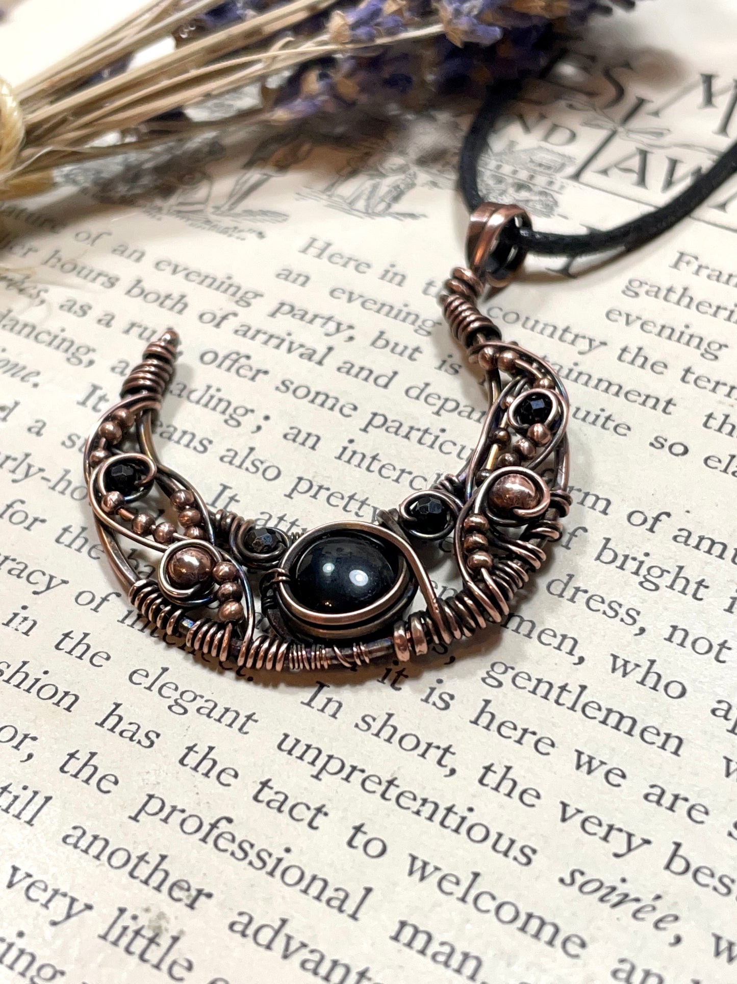Onyx & Spinel Crescent Moon Pendant in Copper