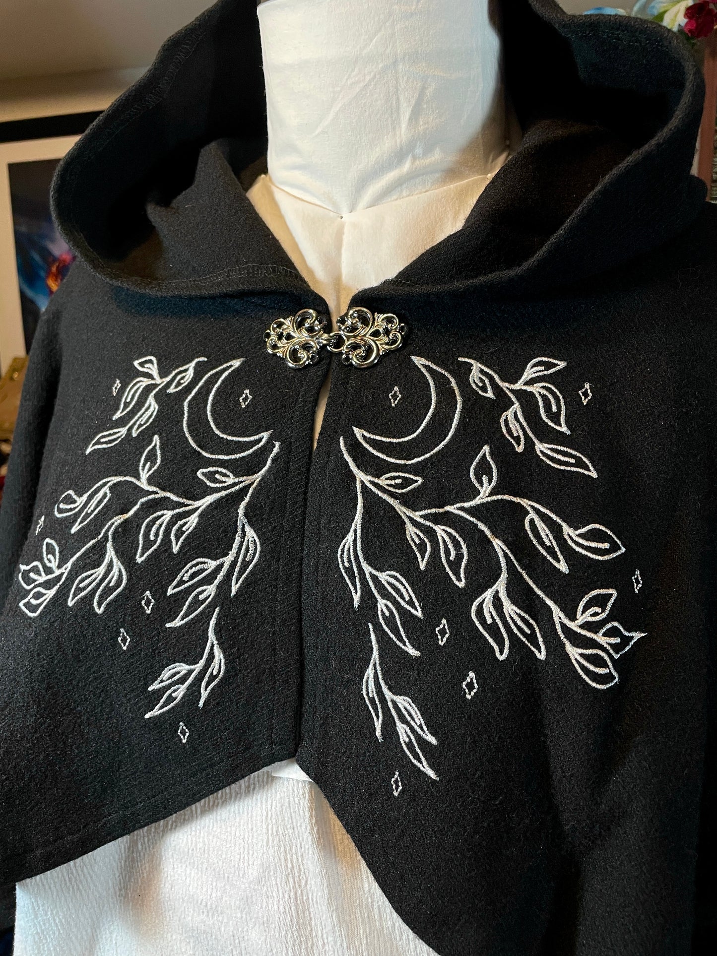 Celestial Black Wool Capelet in Silver