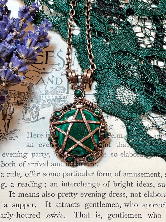 Malachite Pentacle Pendant in Copper